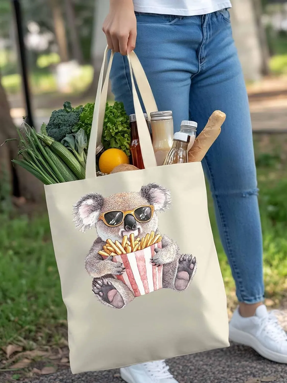 Canvas Tote Bag, Glasses Koala French Fries Aesthetic Canvas Tote Handbags for Women Shoulder Bag,