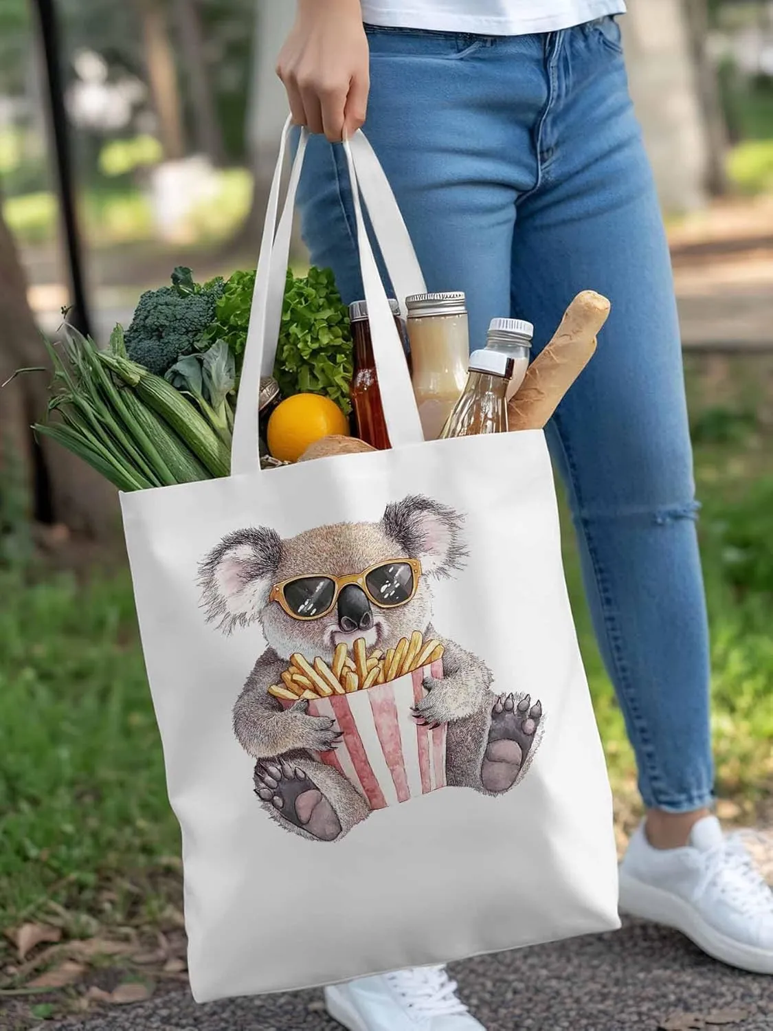Canvas Tote Bag, Glasses Koala French Fries Aesthetic Canvas Tote Handbags for Women Shoulder Bag,