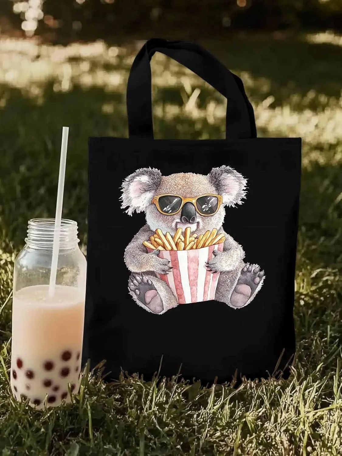 Canvas Tote Bag, Glasses Koala French Fries Aesthetic Canvas Tote Handbags for Women Shoulder Bag,