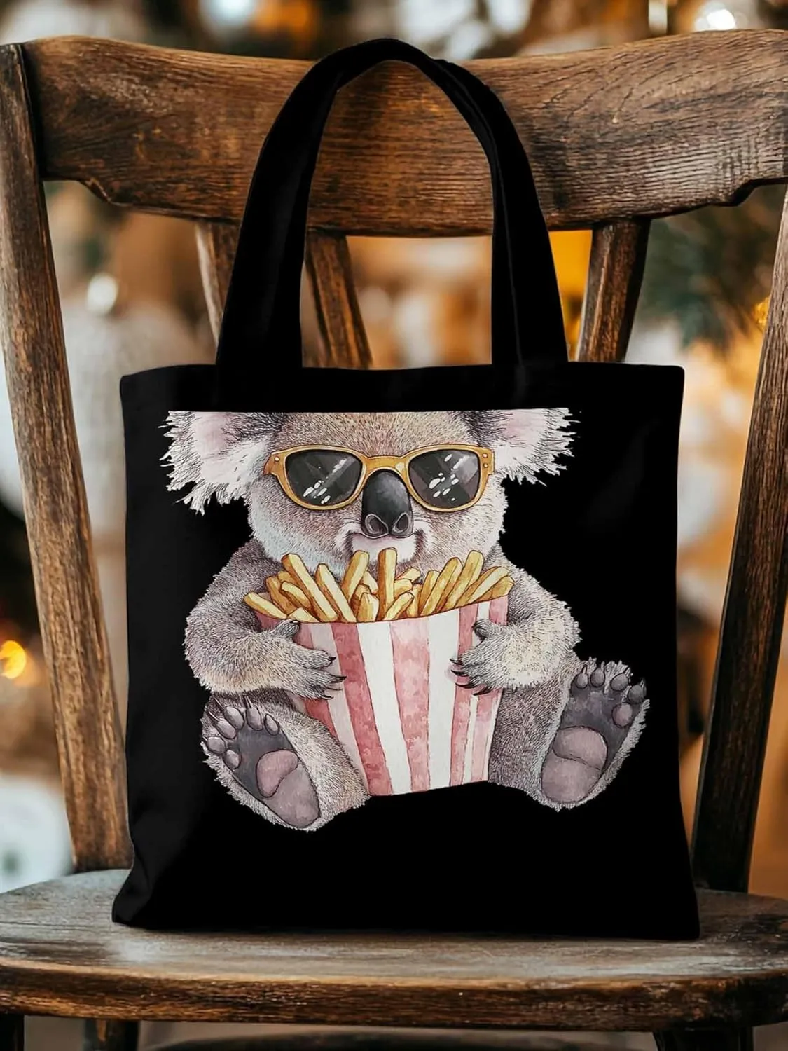 Canvas Tote Bag, Glasses Koala French Fries Aesthetic Canvas Tote Handbags for Women Shoulder Bag,