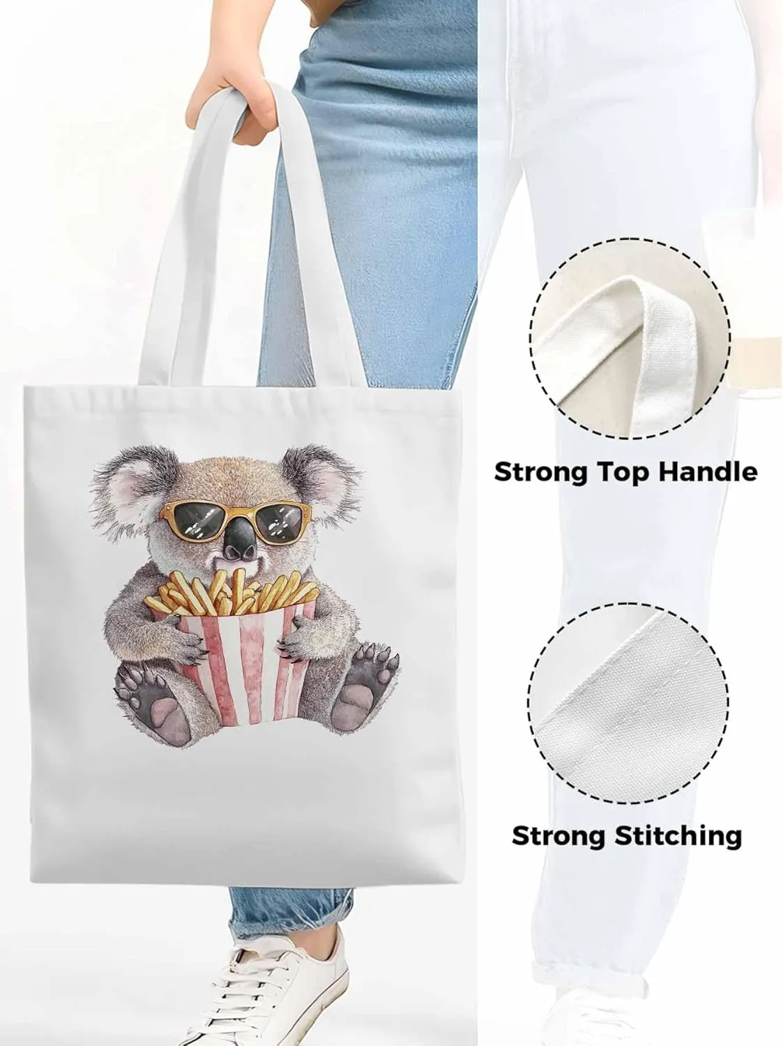 Canvas Tote Bag, Glasses Koala French Fries Aesthetic Canvas Tote Handbags for Women Shoulder Bag,