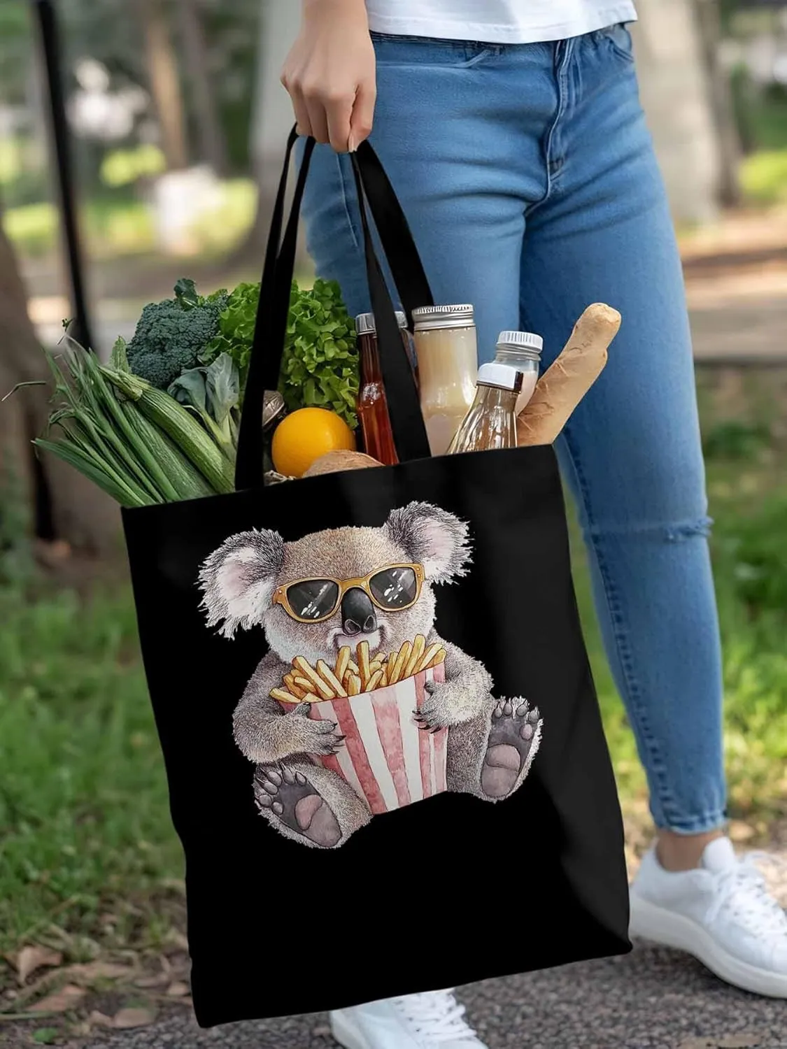Canvas Tote Bag, Glasses Koala French Fries Aesthetic Canvas Tote Handbags for Women Shoulder Bag,