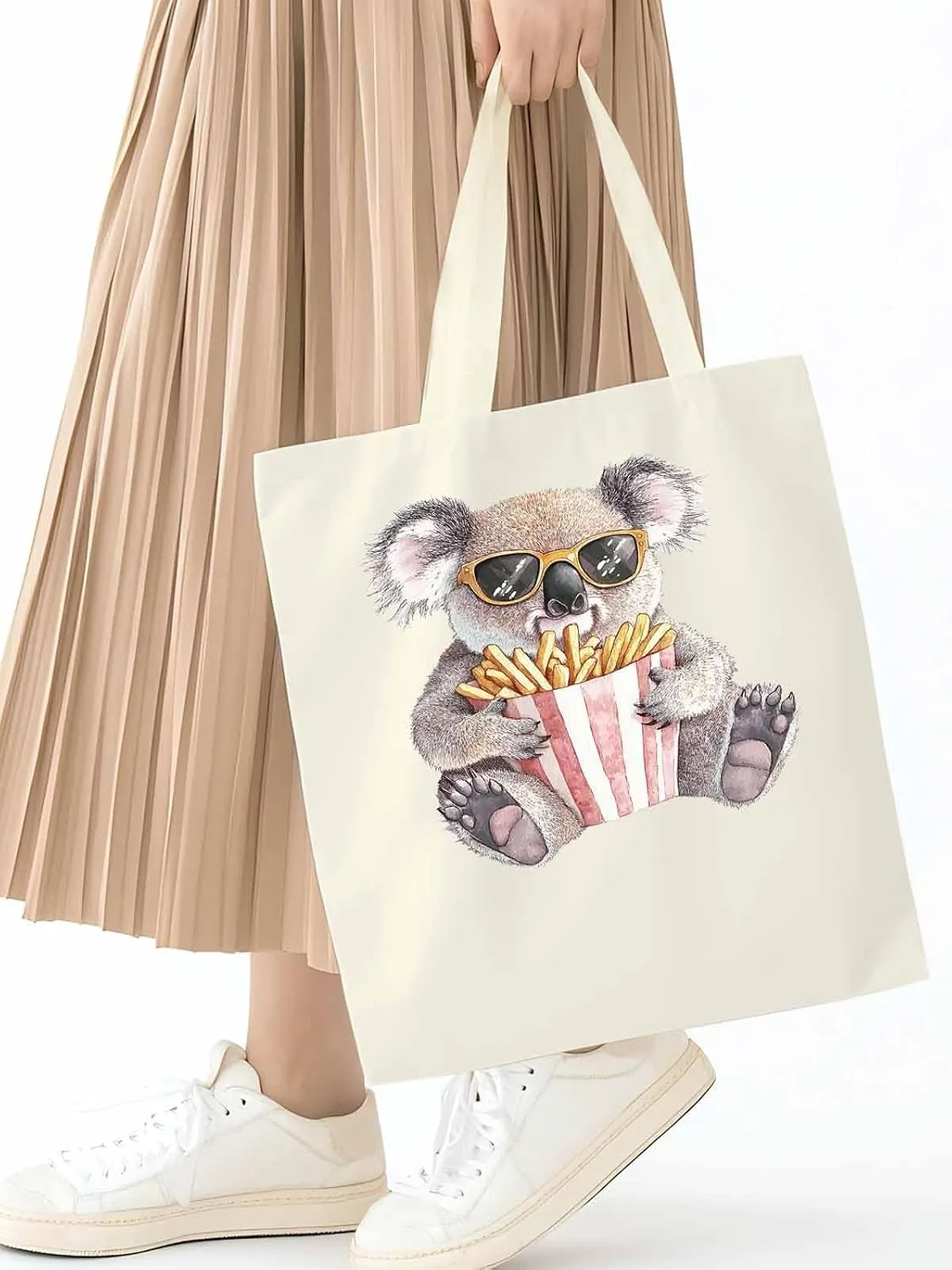 Canvas Tote Bag, Glasses Koala French Fries Aesthetic Canvas Tote Handbags for Women Shoulder Bag,