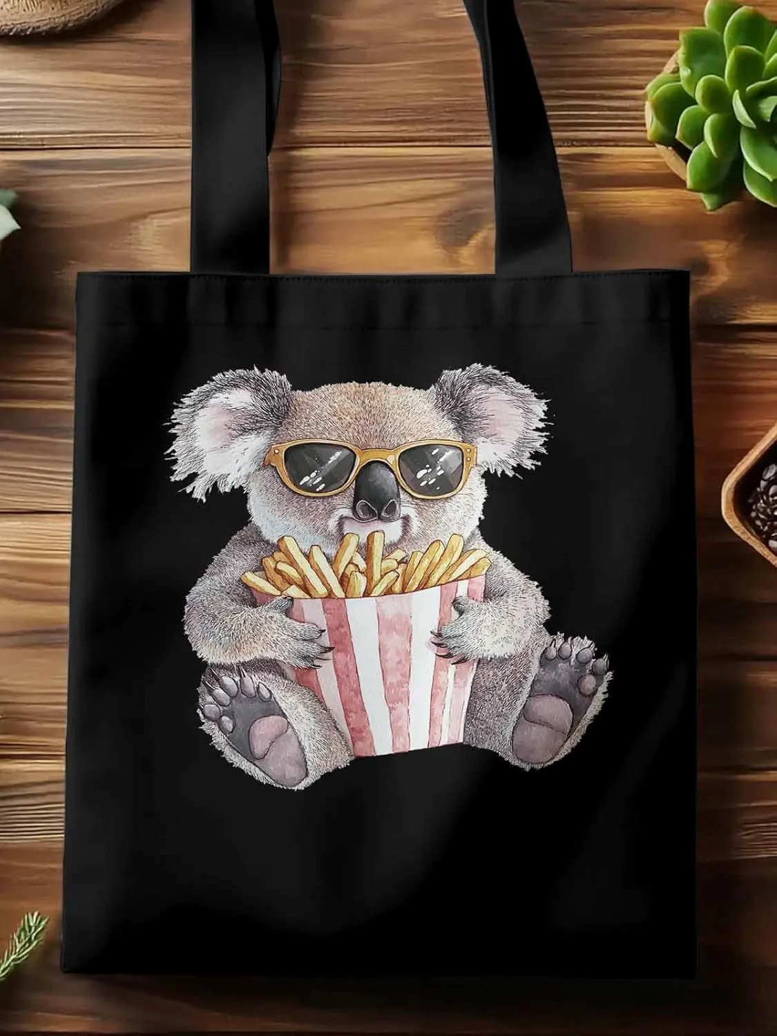 Canvas Tote Bag, Glasses Koala French Fries Aesthetic Canvas Tote Handbags for Women Shoulder Bag,