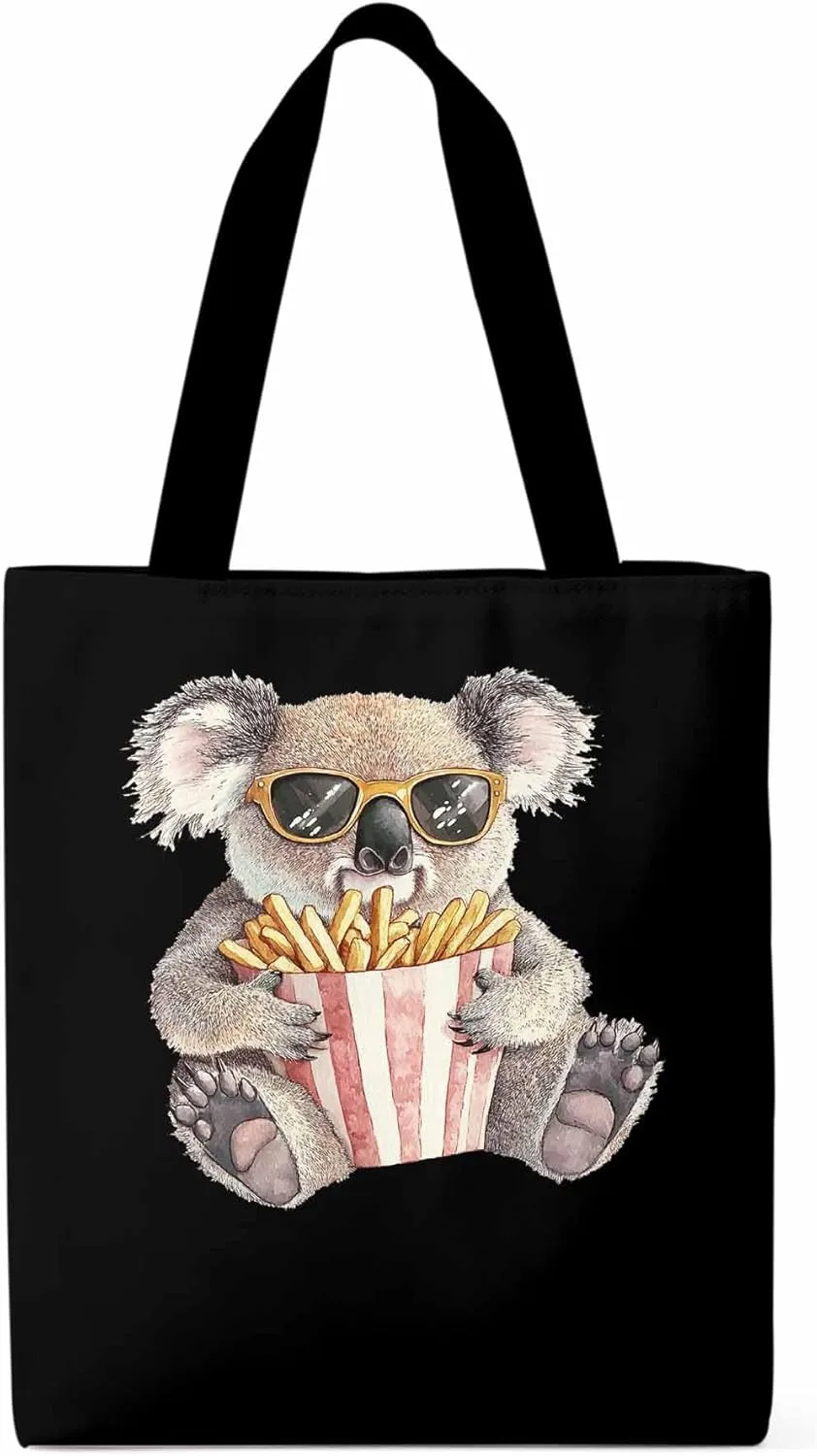 Canvas Tote Bag, Glasses Koala French Fries Aesthetic Canvas Tote Handbags for Women Shoulder Bag,