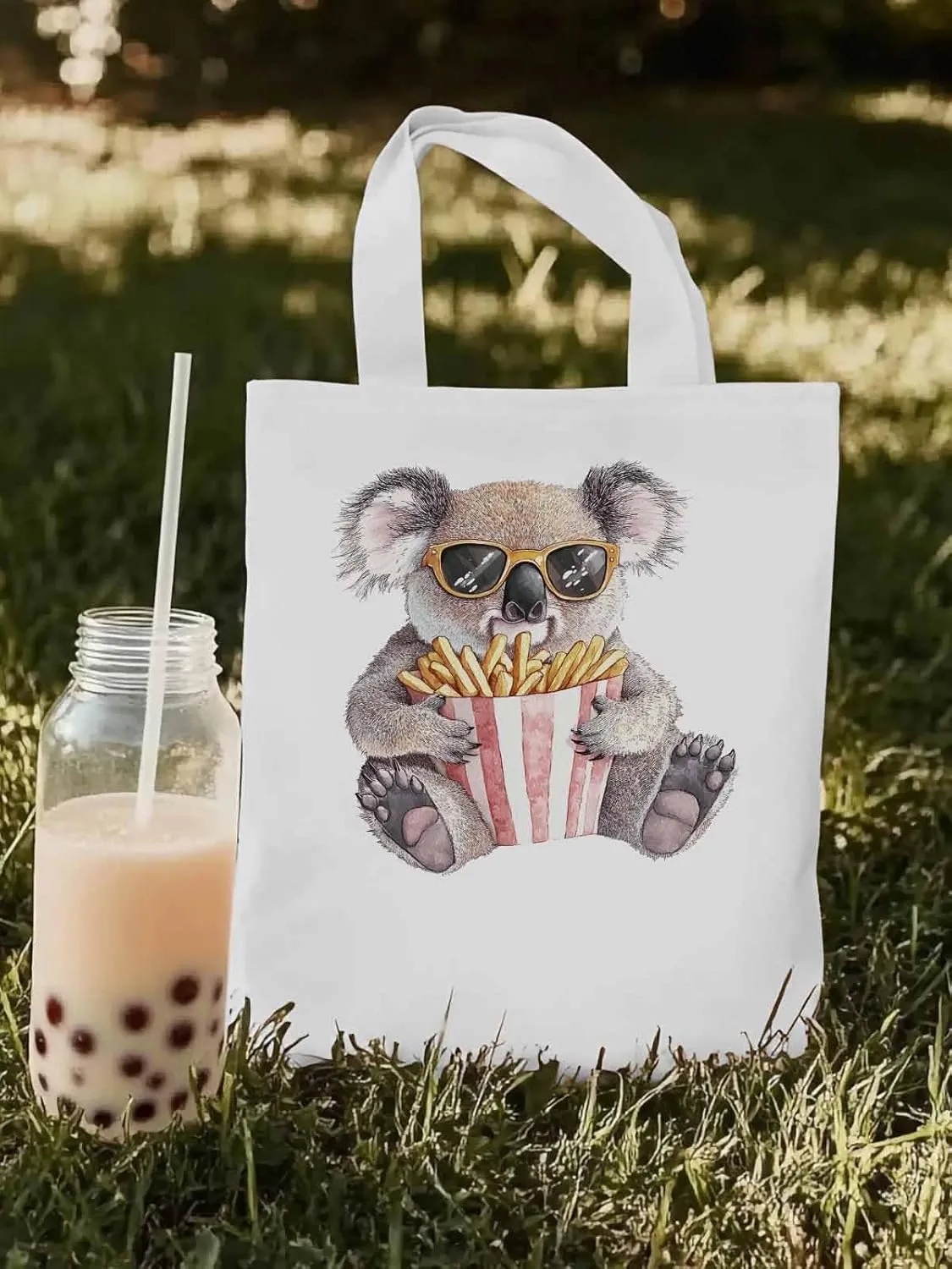 Canvas Tote Bag, Glasses Koala French Fries Aesthetic Canvas Tote Handbags for Women Shoulder Bag,