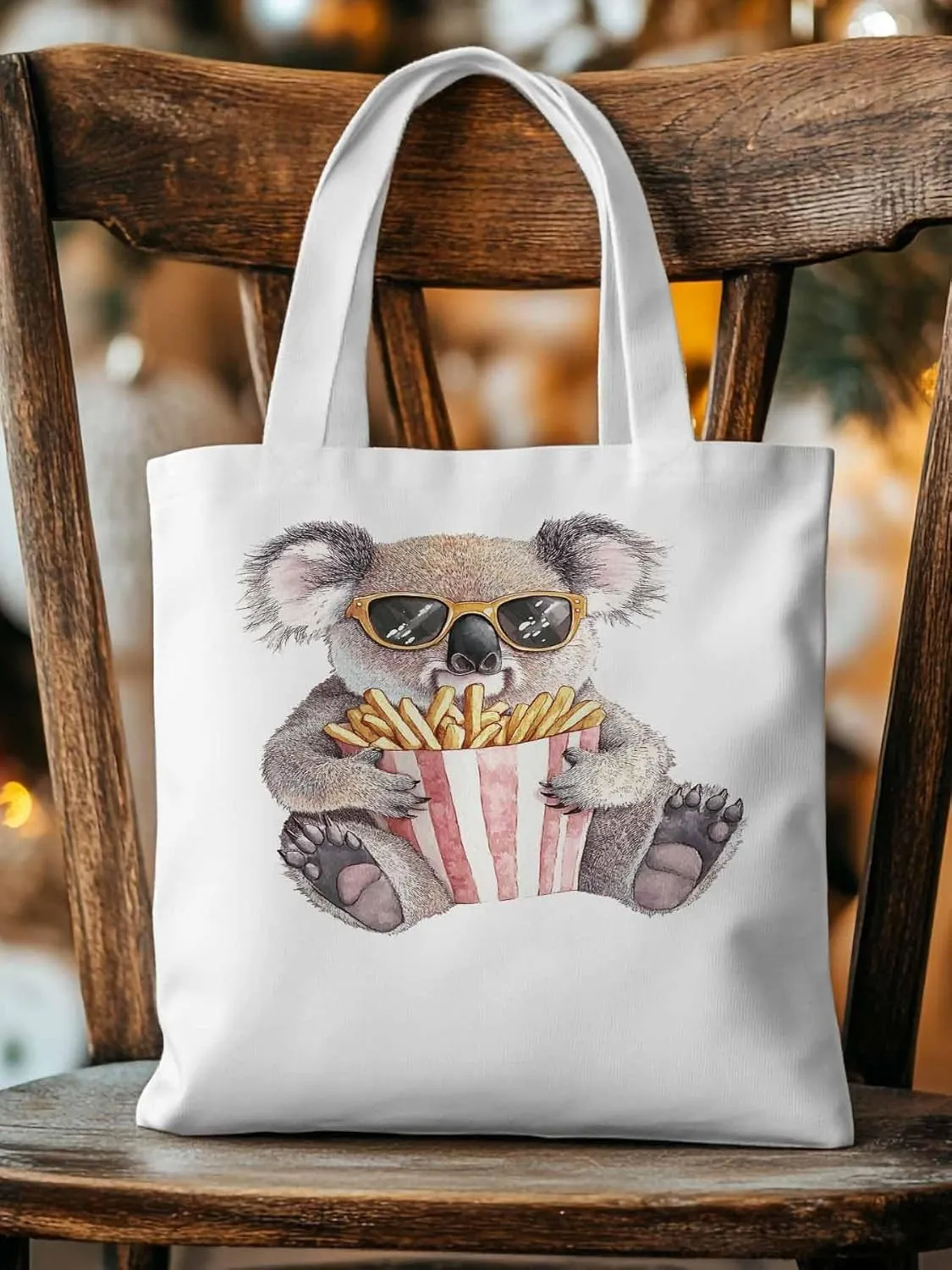 Canvas Tote Bag, Glasses Koala French Fries Aesthetic Canvas Tote Handbags for Women Shoulder Bag,