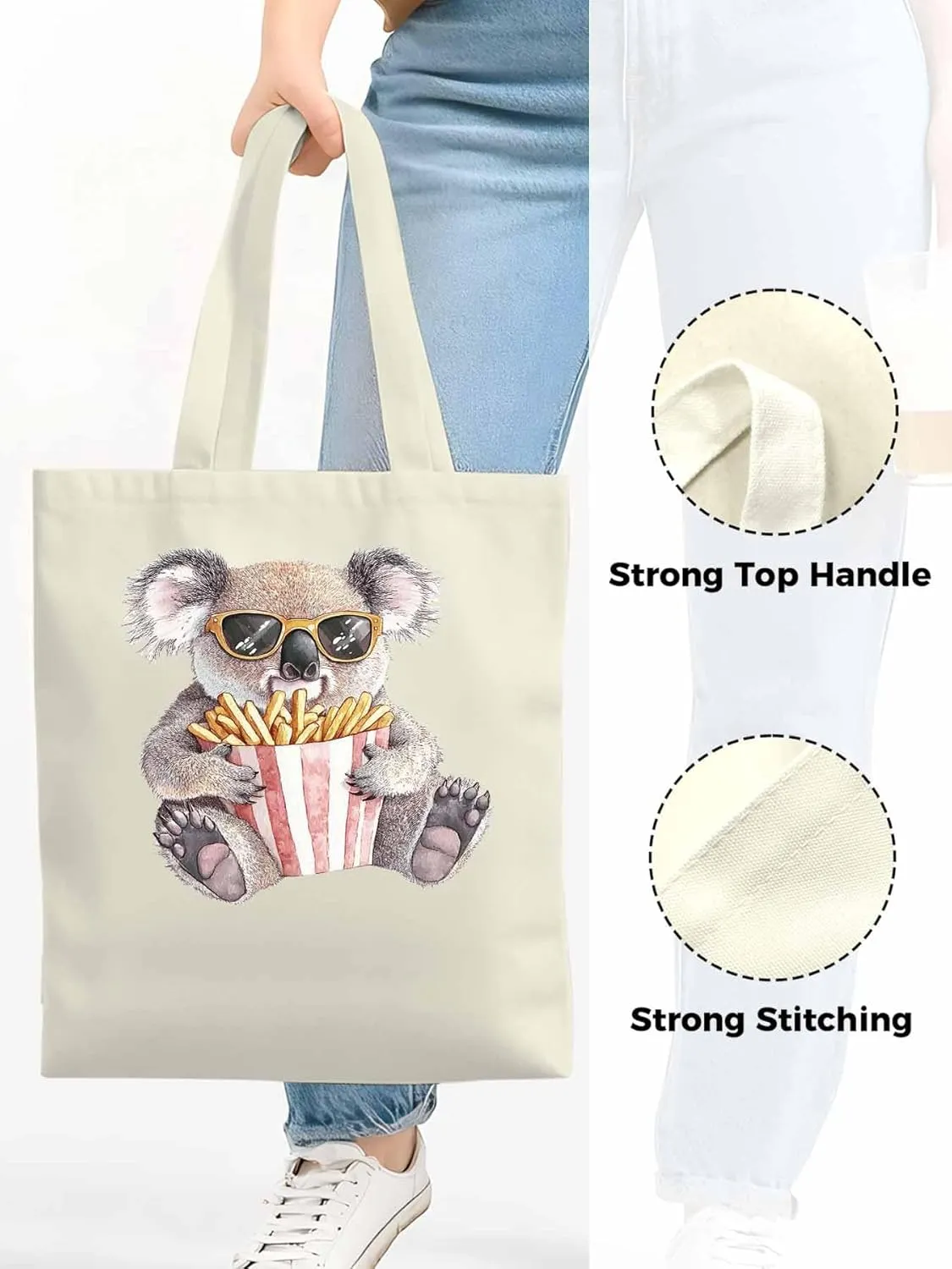 Canvas Tote Bag, Glasses Koala French Fries Aesthetic Canvas Tote Handbags for Women Shoulder Bag,