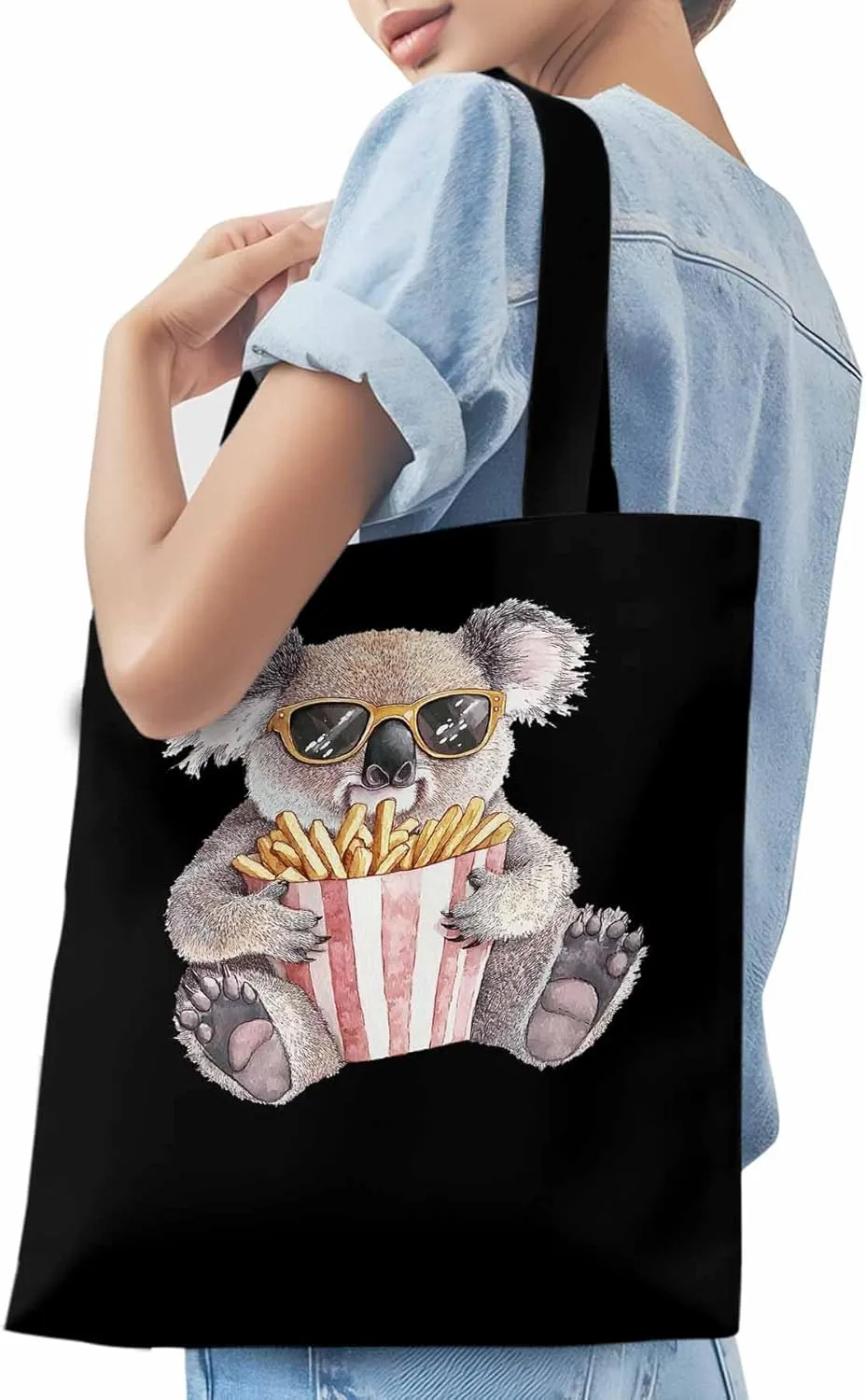 Canvas Tote Bag, Glasses Koala French Fries Aesthetic Canvas Tote Handbags for Women Shoulder Bag,