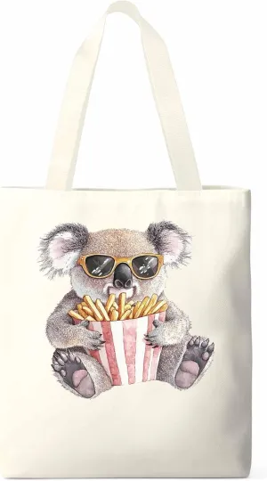 Canvas Tote Bag, Glasses Koala French Fries Aesthetic Canvas Tote Handbags for Women Shoulder Bag,