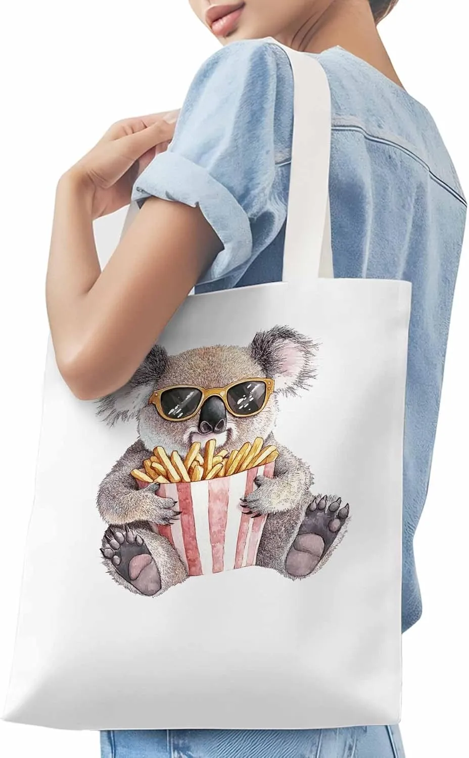 Canvas Tote Bag, Glasses Koala French Fries Aesthetic Canvas Tote Handbags for Women Shoulder Bag,