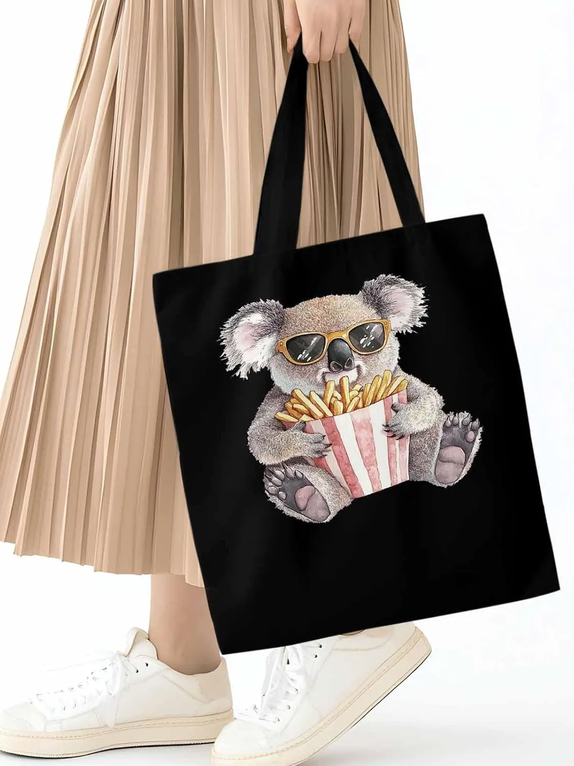 Canvas Tote Bag, Glasses Koala French Fries Aesthetic Canvas Tote Handbags for Women Shoulder Bag,