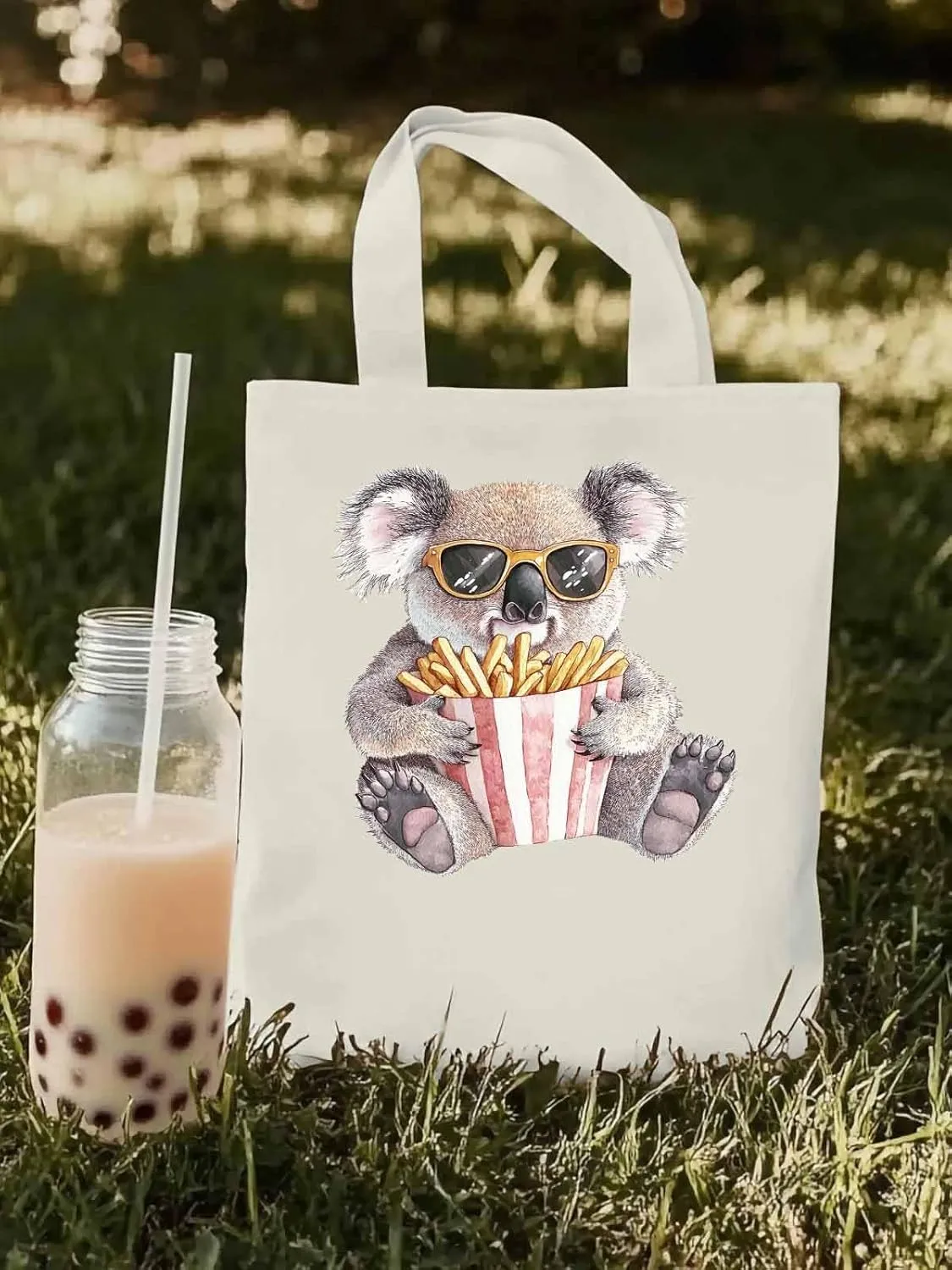 Canvas Tote Bag, Glasses Koala French Fries Aesthetic Canvas Tote Handbags for Women Shoulder Bag,