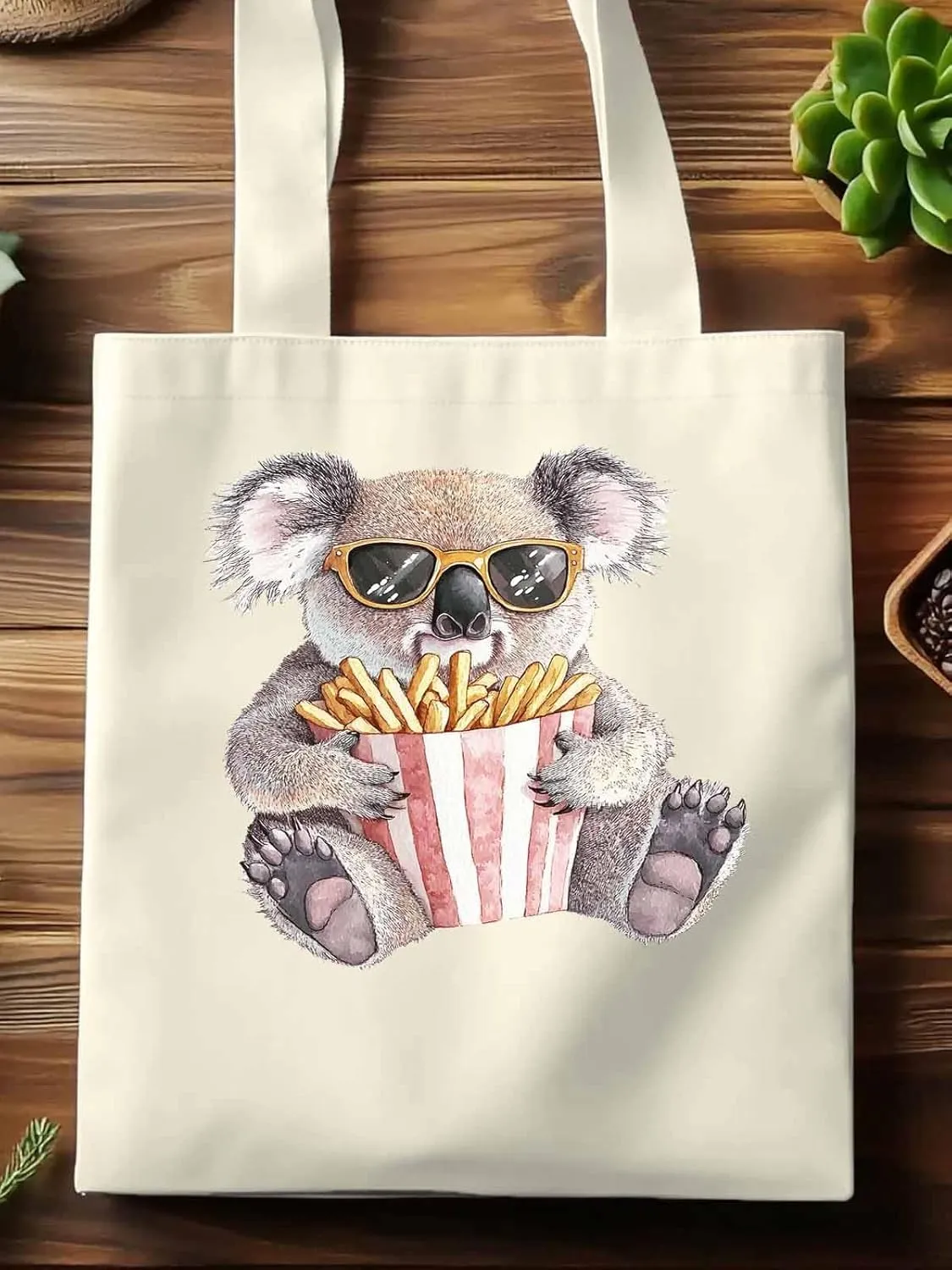 Canvas Tote Bag, Glasses Koala French Fries Aesthetic Canvas Tote Handbags for Women Shoulder Bag,
