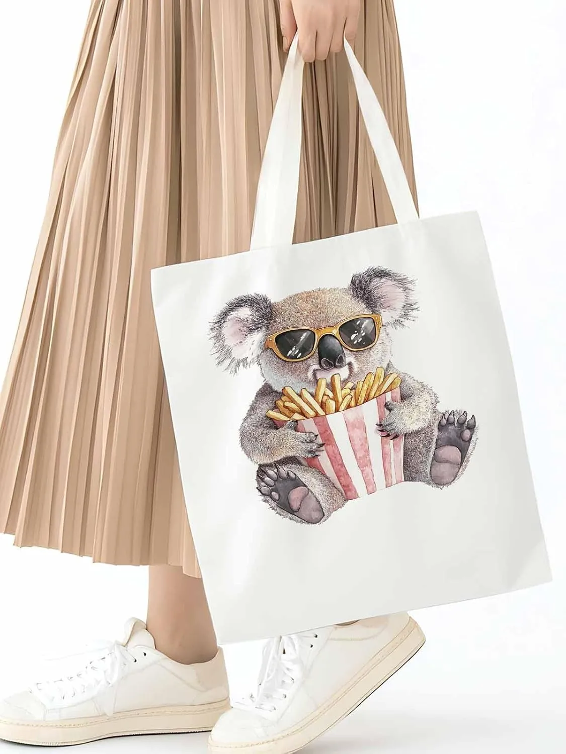 Canvas Tote Bag, Glasses Koala French Fries Aesthetic Canvas Tote Handbags for Women Shoulder Bag,