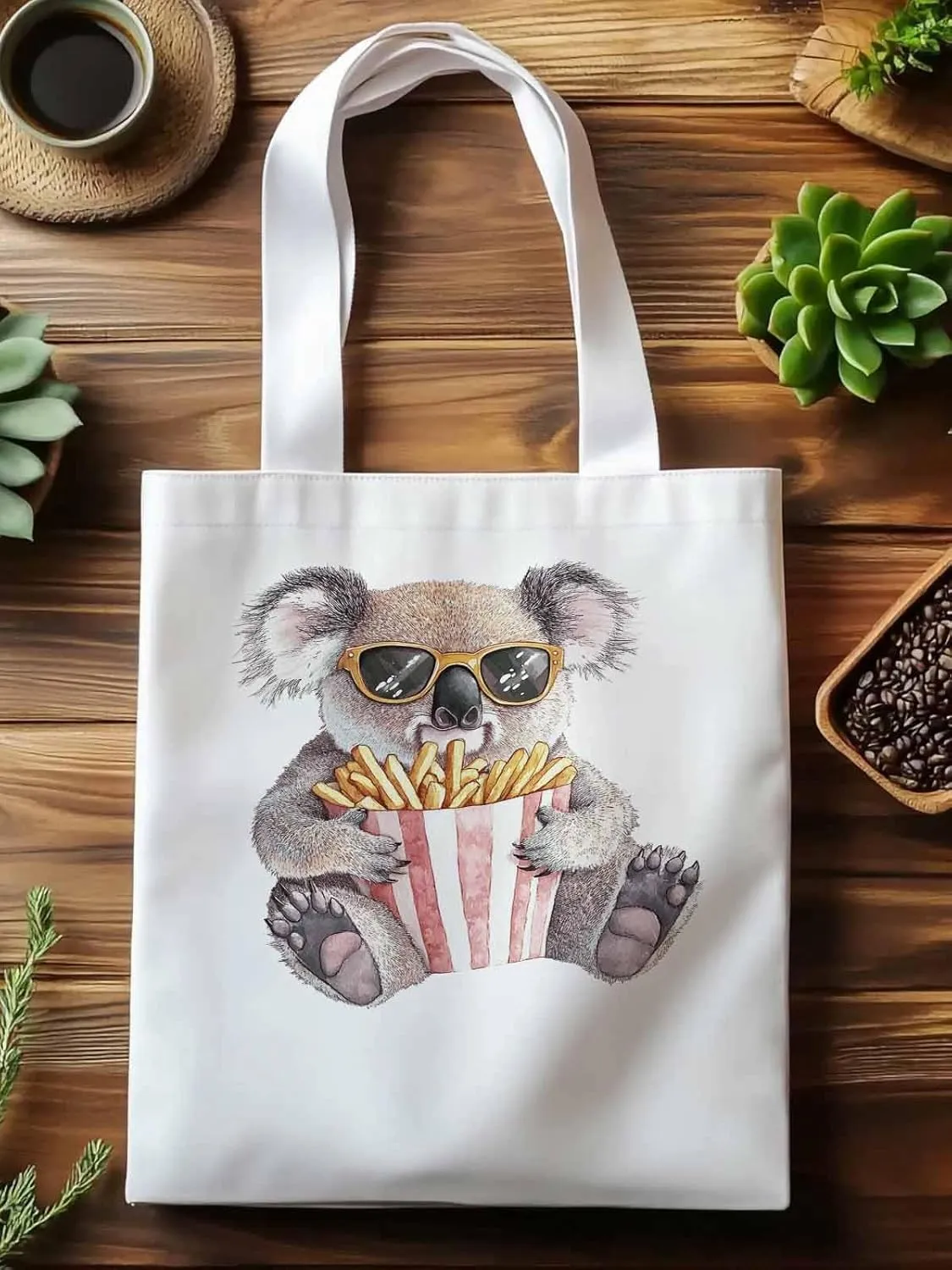 Canvas Tote Bag, Glasses Koala French Fries Aesthetic Canvas Tote Handbags for Women Shoulder Bag,