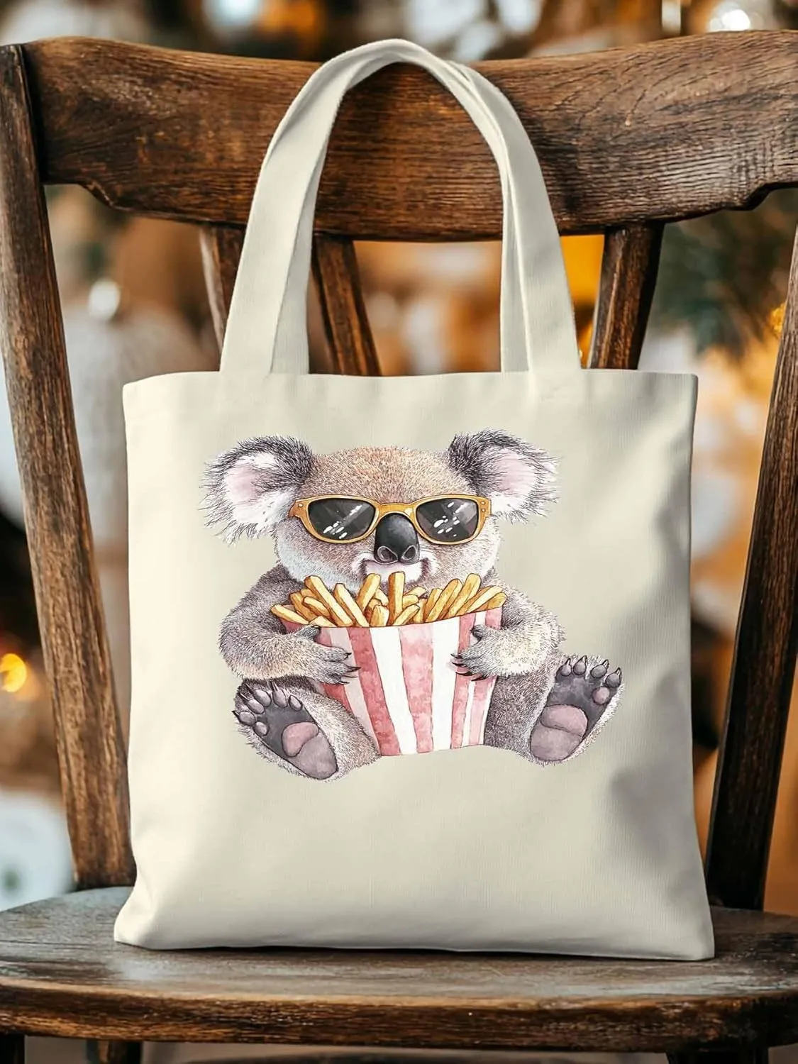 Canvas Tote Bag, Glasses Koala French Fries Aesthetic Canvas Tote Handbags for Women Shoulder Bag,
