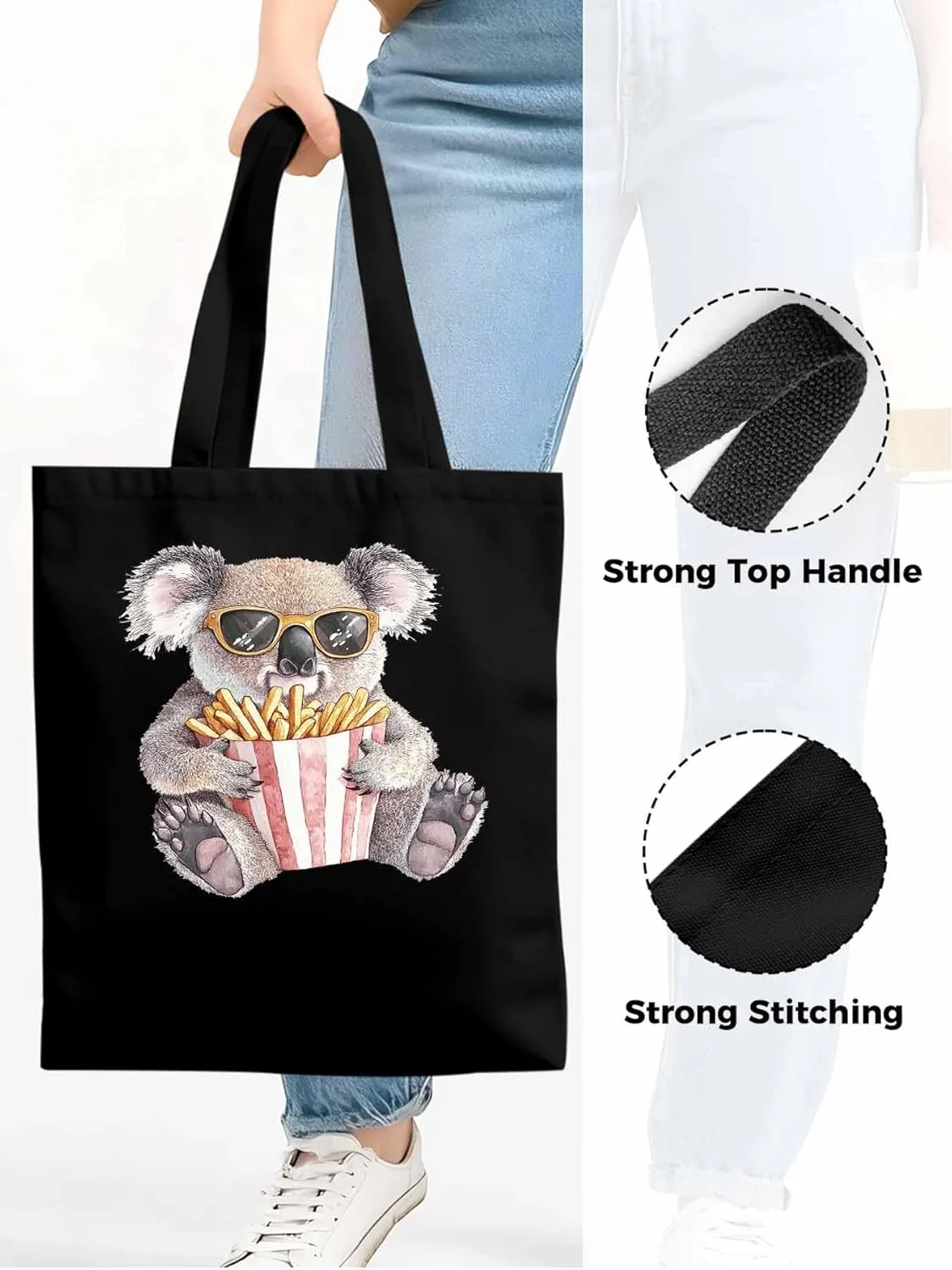 Canvas Tote Bag, Glasses Koala French Fries Aesthetic Canvas Tote Handbags for Women Shoulder Bag,
