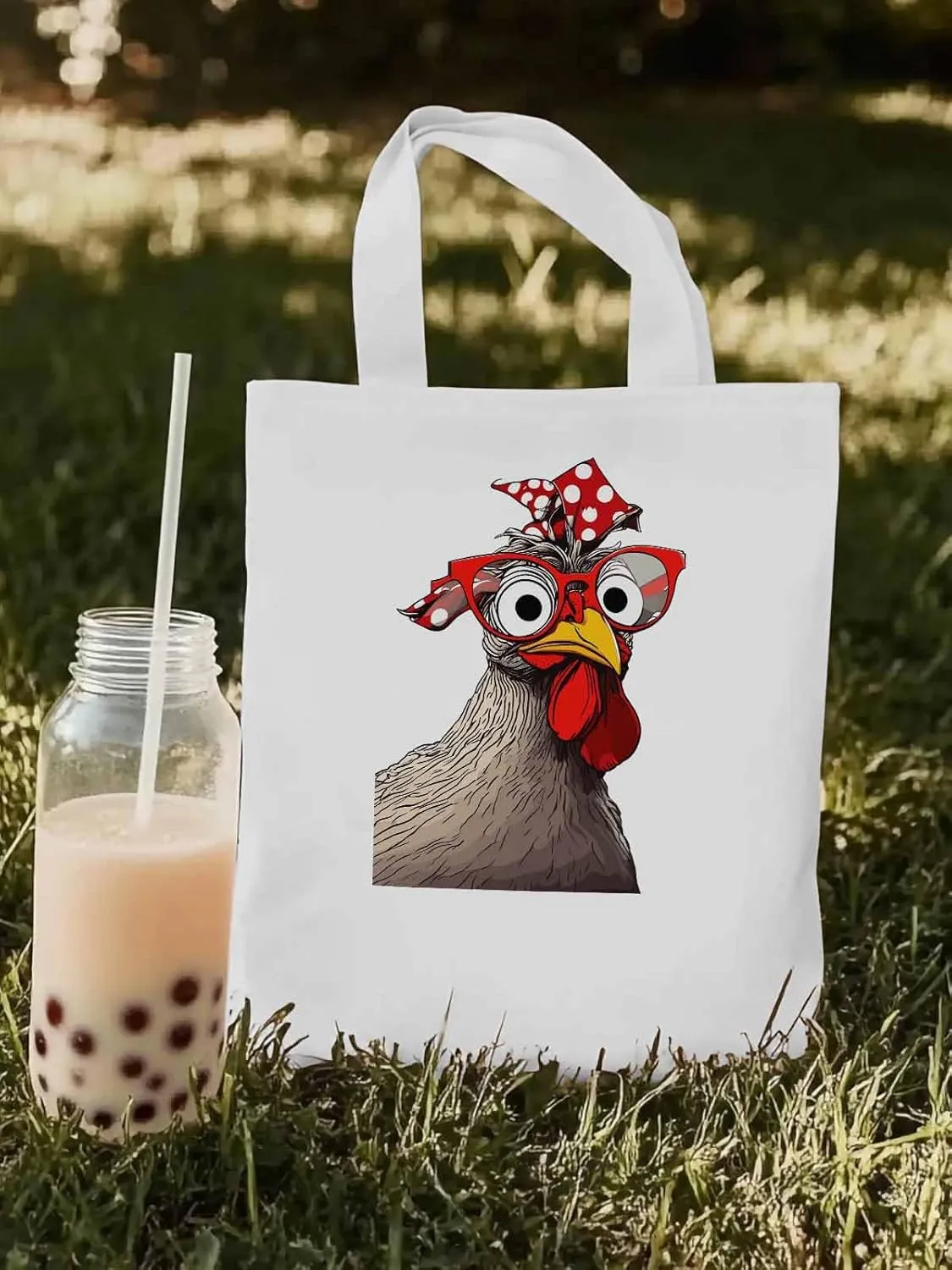Canvas Tote Bag, Glasses Rooster Funny Aesthetic Canvas Tote Handbags for Women Shoulder Bag