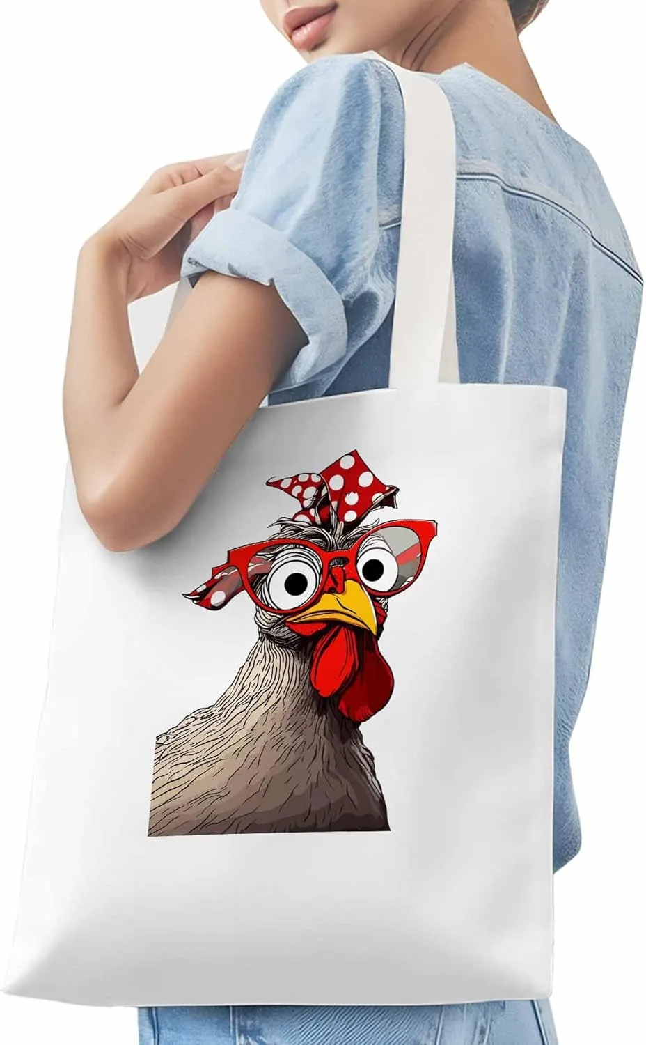 Canvas Tote Bag, Glasses Rooster Funny Aesthetic Canvas Tote Handbags for Women Shoulder Bag