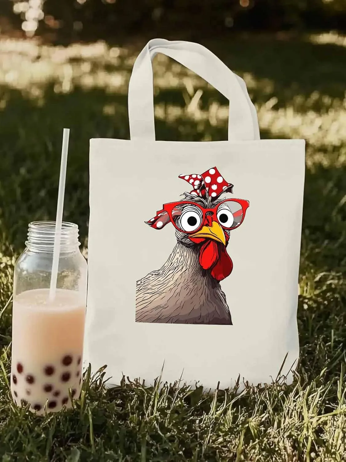 Canvas Tote Bag, Glasses Rooster Funny Aesthetic Canvas Tote Handbags for Women Shoulder Bag