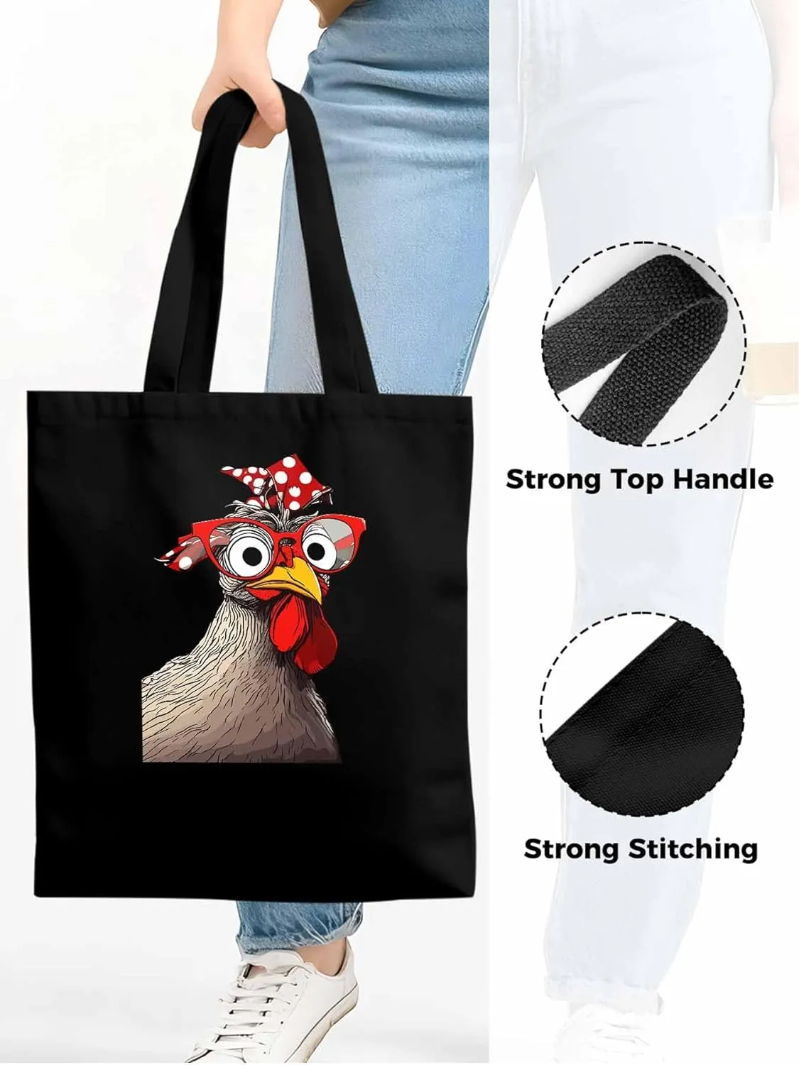 Canvas Tote Bag, Glasses Rooster Funny Aesthetic Canvas Tote Handbags for Women Shoulder Bag