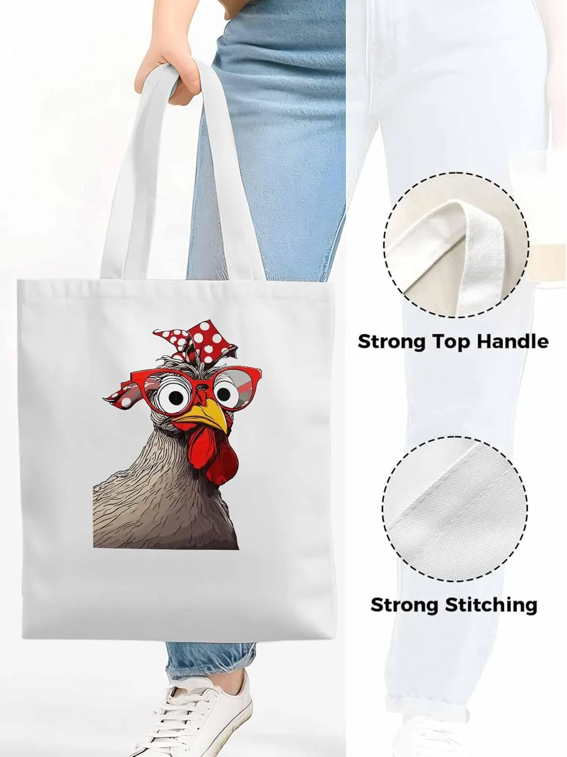 Canvas Tote Bag, Glasses Rooster Funny Aesthetic Canvas Tote Handbags for Women Shoulder Bag