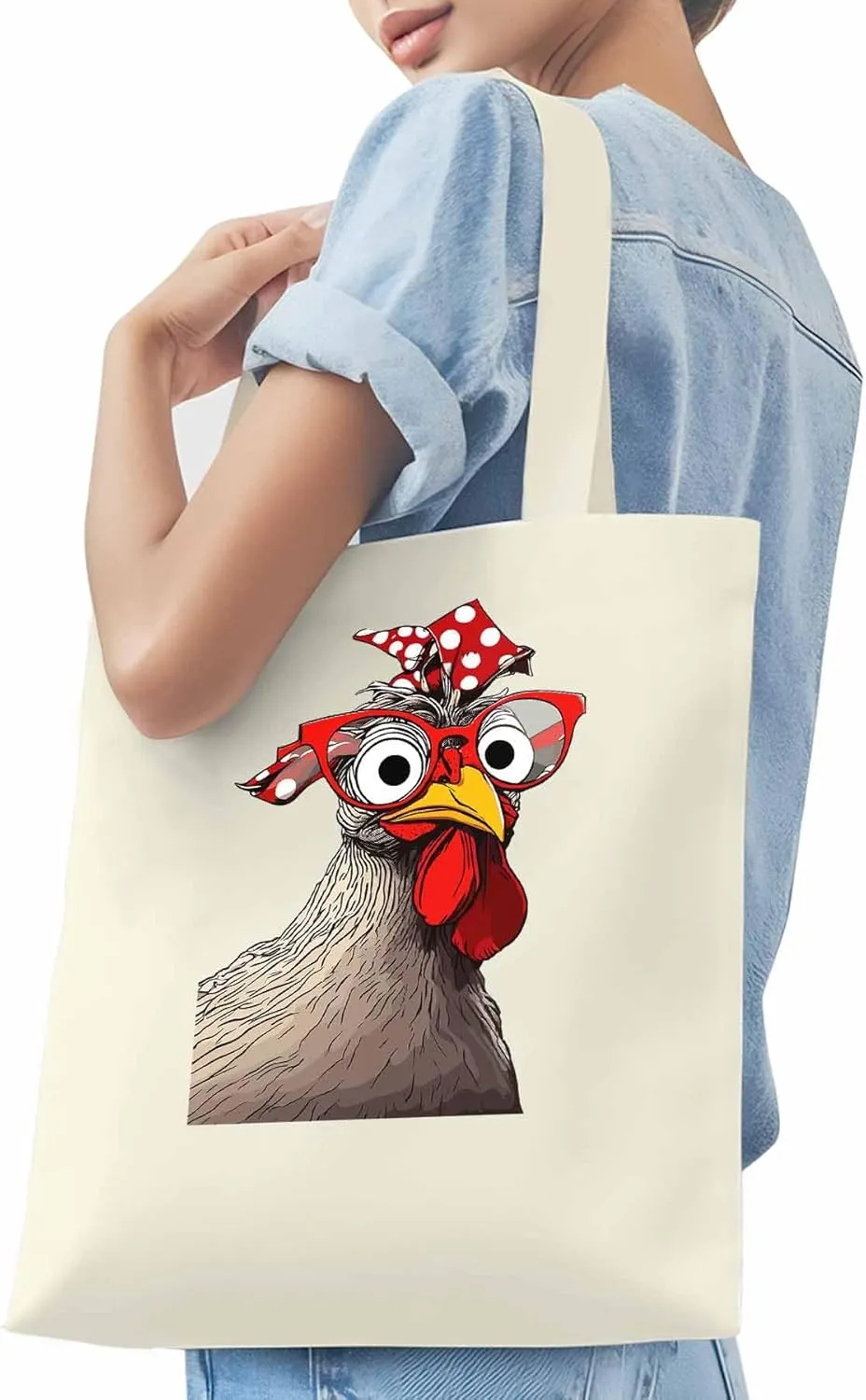 Canvas Tote Bag, Glasses Rooster Funny Aesthetic Canvas Tote Handbags for Women Shoulder Bag