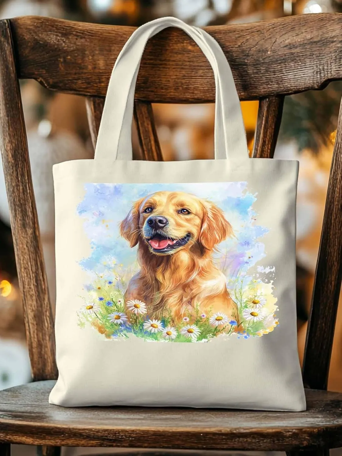 Canvas Tote Bag, Golden Retriever Watercolor Daisy Aesthetic Canvas Tote Handbags for Women Shoulder Bag,