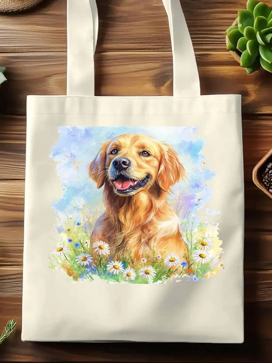 Canvas Tote Bag, Golden Retriever Watercolor Daisy Aesthetic Canvas Tote Handbags for Women Shoulder Bag,