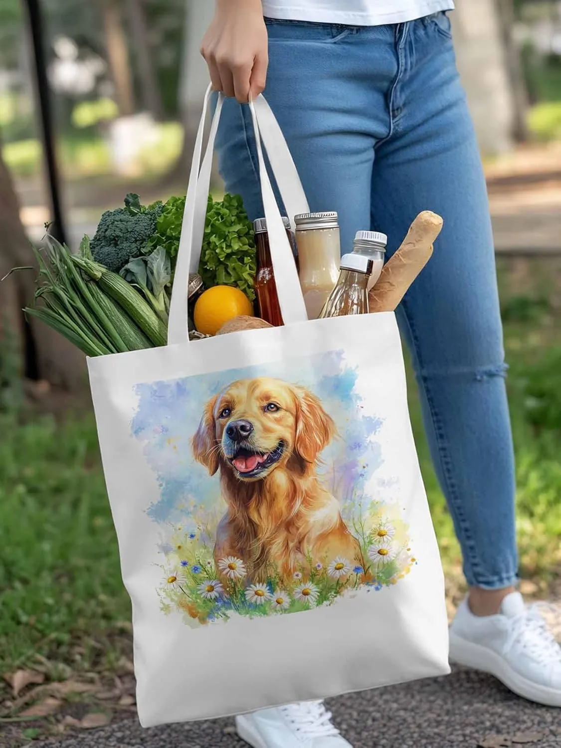 Canvas Tote Bag, Golden Retriever Watercolor Daisy Aesthetic Canvas Tote Handbags for Women Shoulder Bag,