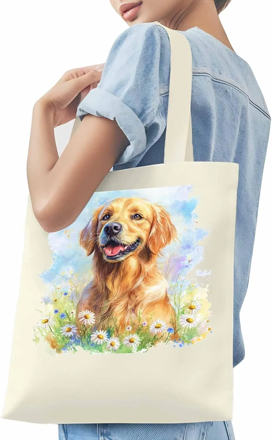 Canvas Tote Bag, Golden Retriever Watercolor Daisy Aesthetic Canvas Tote Handbags for Women Shoulder Bag,