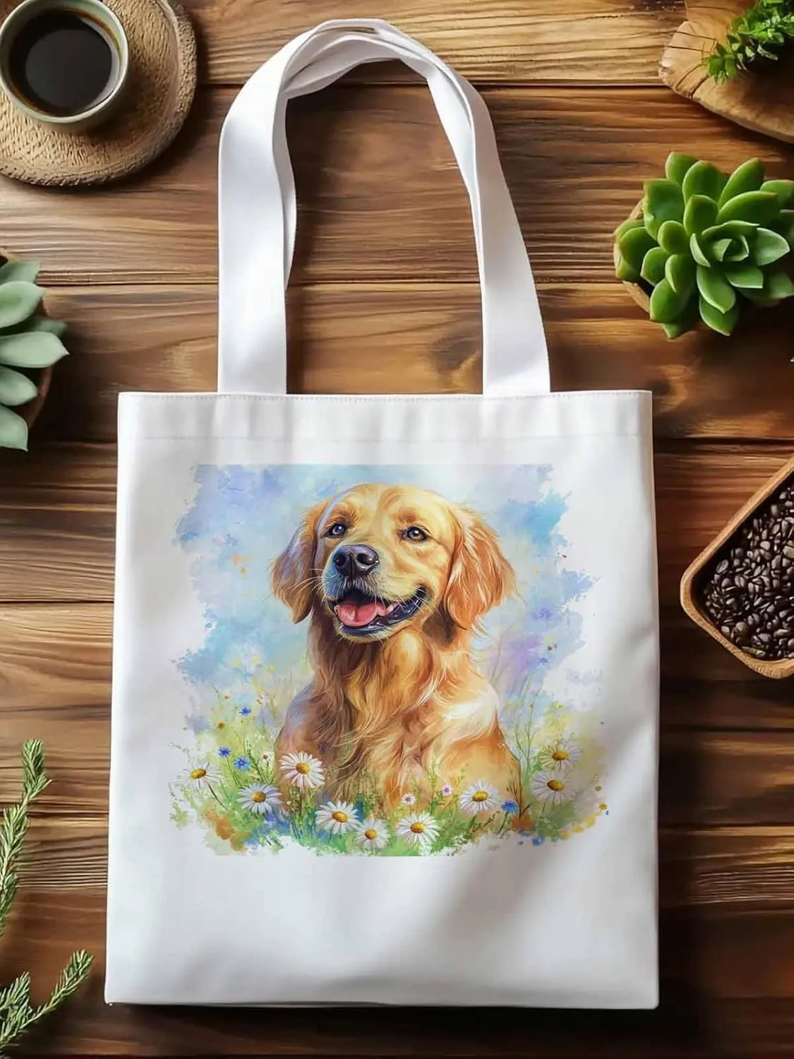 Canvas Tote Bag, Golden Retriever Watercolor Daisy Aesthetic Canvas Tote Handbags for Women Shoulder Bag,