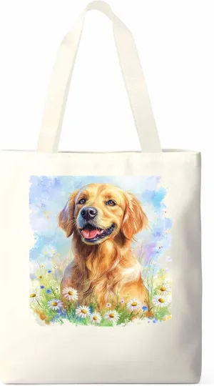 Canvas Tote Bag, Golden Retriever Watercolor Daisy Aesthetic Canvas Tote Handbags for Women Shoulder Bag,