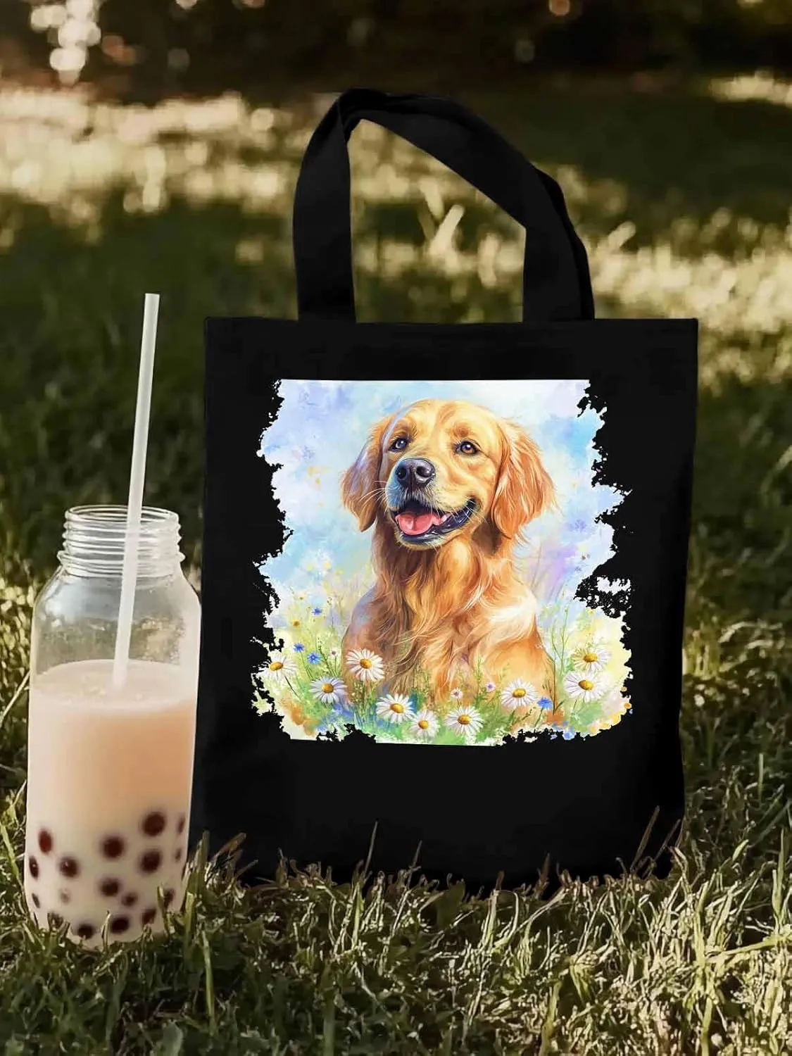 Canvas Tote Bag, Golden Retriever Watercolor Daisy Aesthetic Canvas Tote Handbags for Women Shoulder Bag,
