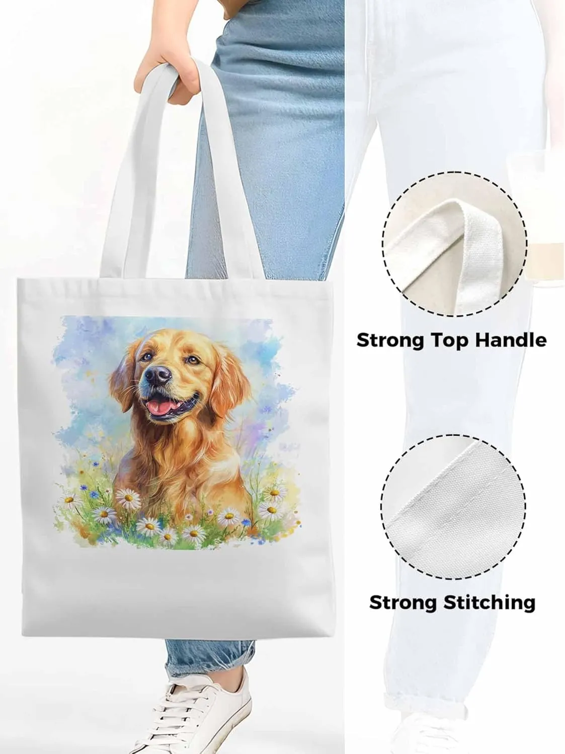 Canvas Tote Bag, Golden Retriever Watercolor Daisy Aesthetic Canvas Tote Handbags for Women Shoulder Bag,