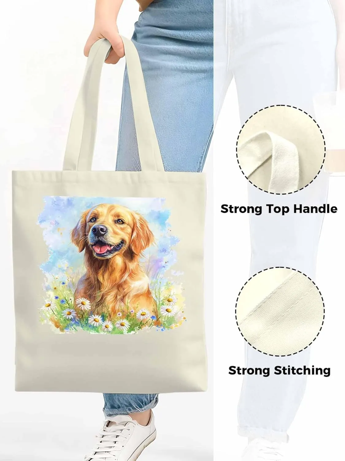 Canvas Tote Bag, Golden Retriever Watercolor Daisy Aesthetic Canvas Tote Handbags for Women Shoulder Bag,