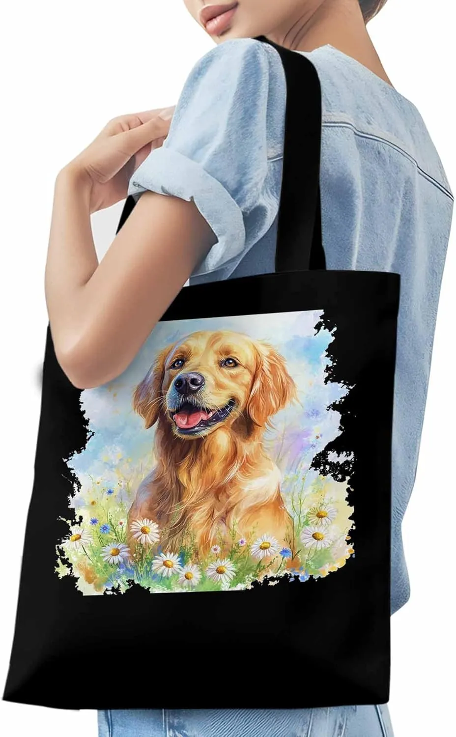 Canvas Tote Bag, Golden Retriever Watercolor Daisy Aesthetic Canvas Tote Handbags for Women Shoulder Bag,