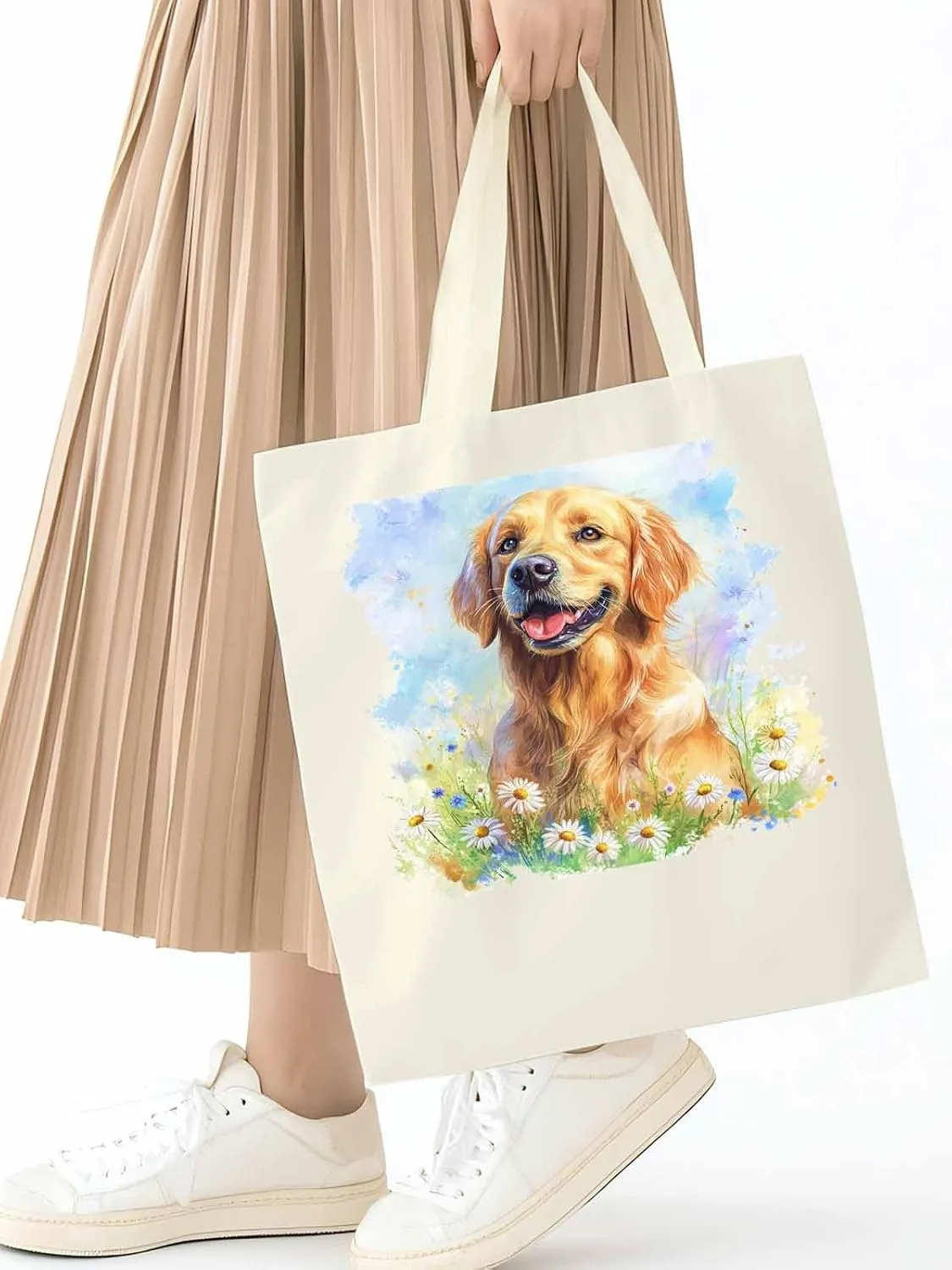 Canvas Tote Bag, Golden Retriever Watercolor Daisy Aesthetic Canvas Tote Handbags for Women Shoulder Bag,