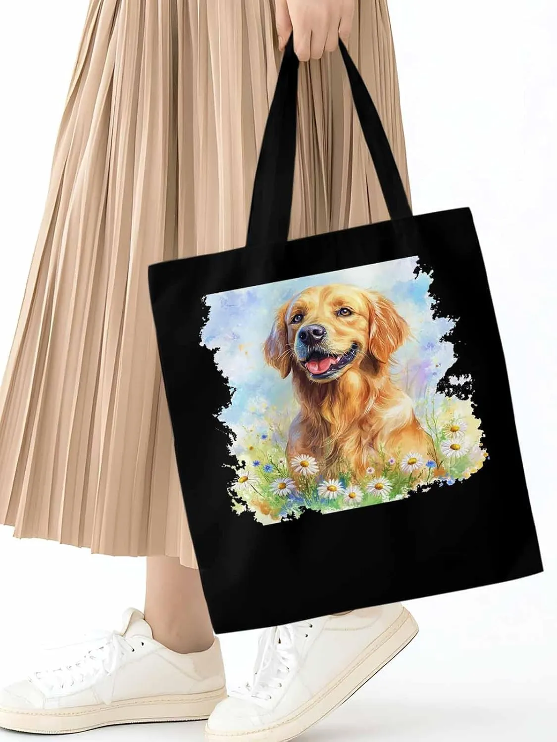 Canvas Tote Bag, Golden Retriever Watercolor Daisy Aesthetic Canvas Tote Handbags for Women Shoulder Bag,