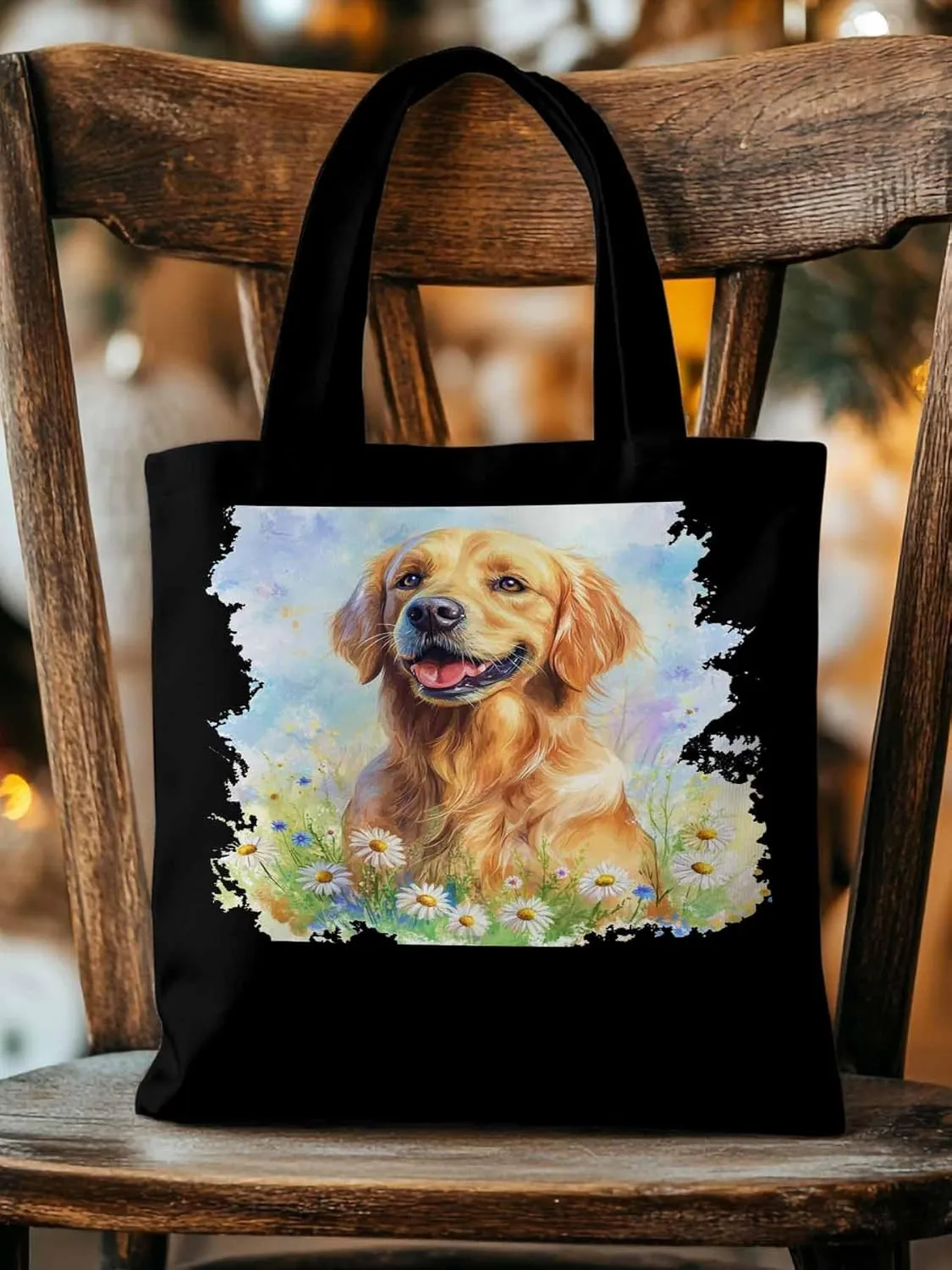 Canvas Tote Bag, Golden Retriever Watercolor Daisy Aesthetic Canvas Tote Handbags for Women Shoulder Bag,
