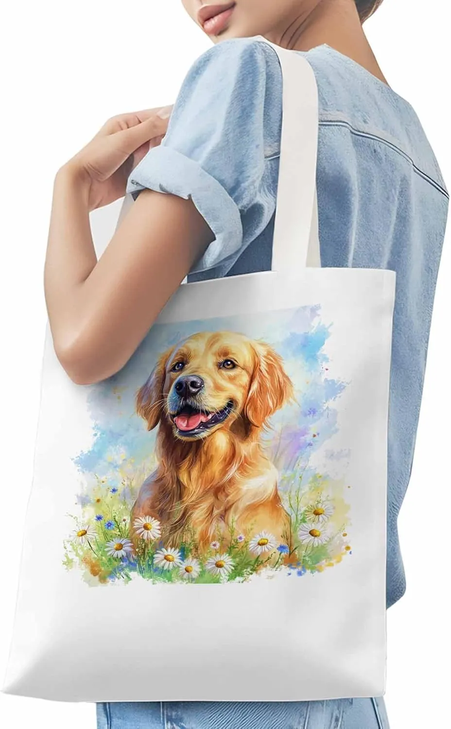 Canvas Tote Bag, Golden Retriever Watercolor Daisy Aesthetic Canvas Tote Handbags for Women Shoulder Bag,
