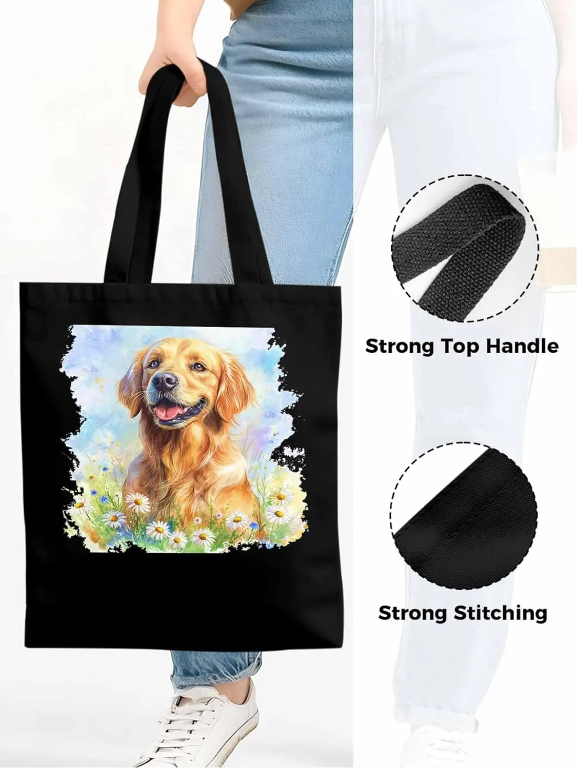 Canvas Tote Bag, Golden Retriever Watercolor Daisy Aesthetic Canvas Tote Handbags for Women Shoulder Bag,