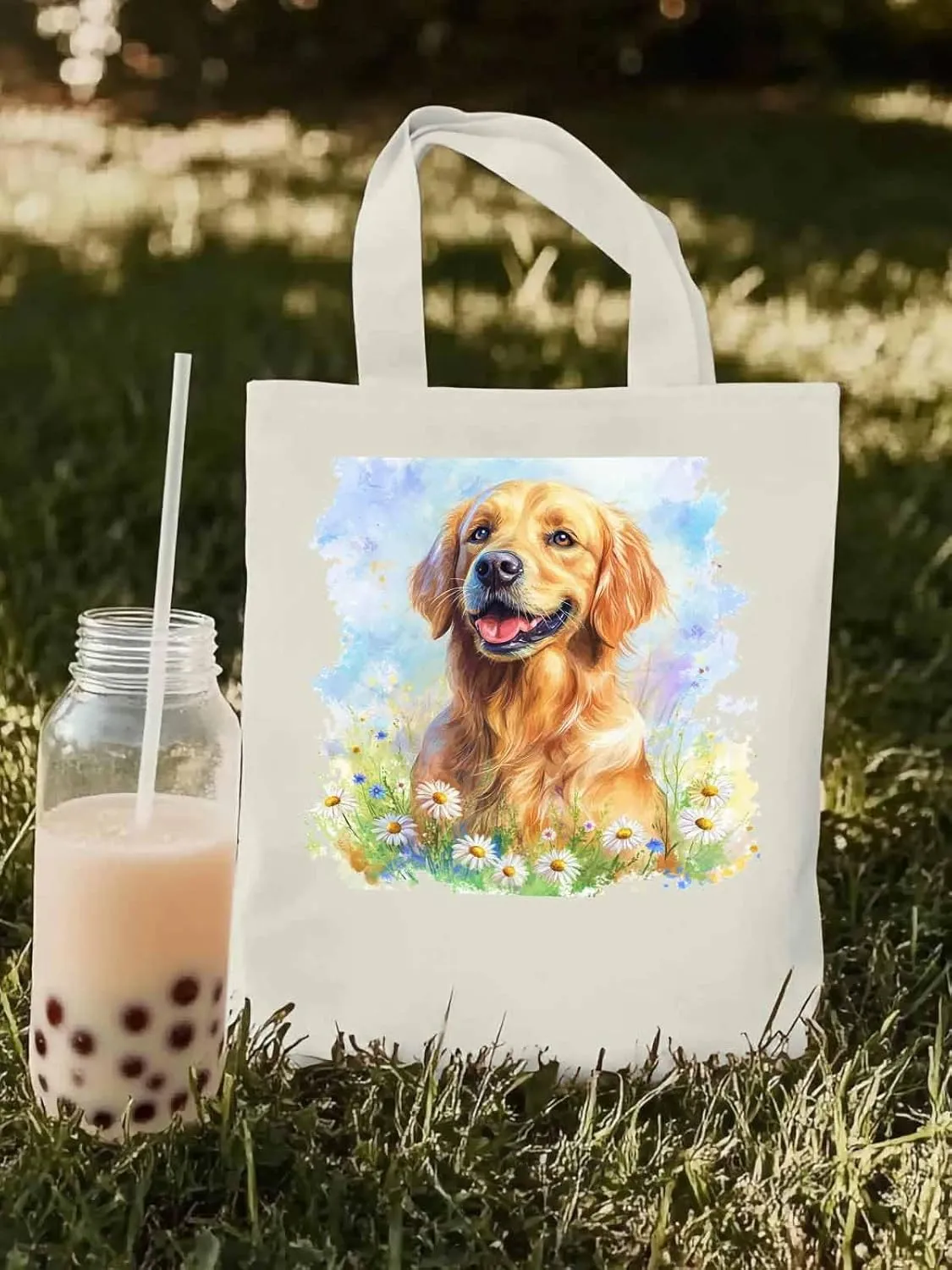 Canvas Tote Bag, Golden Retriever Watercolor Daisy Aesthetic Canvas Tote Handbags for Women Shoulder Bag,