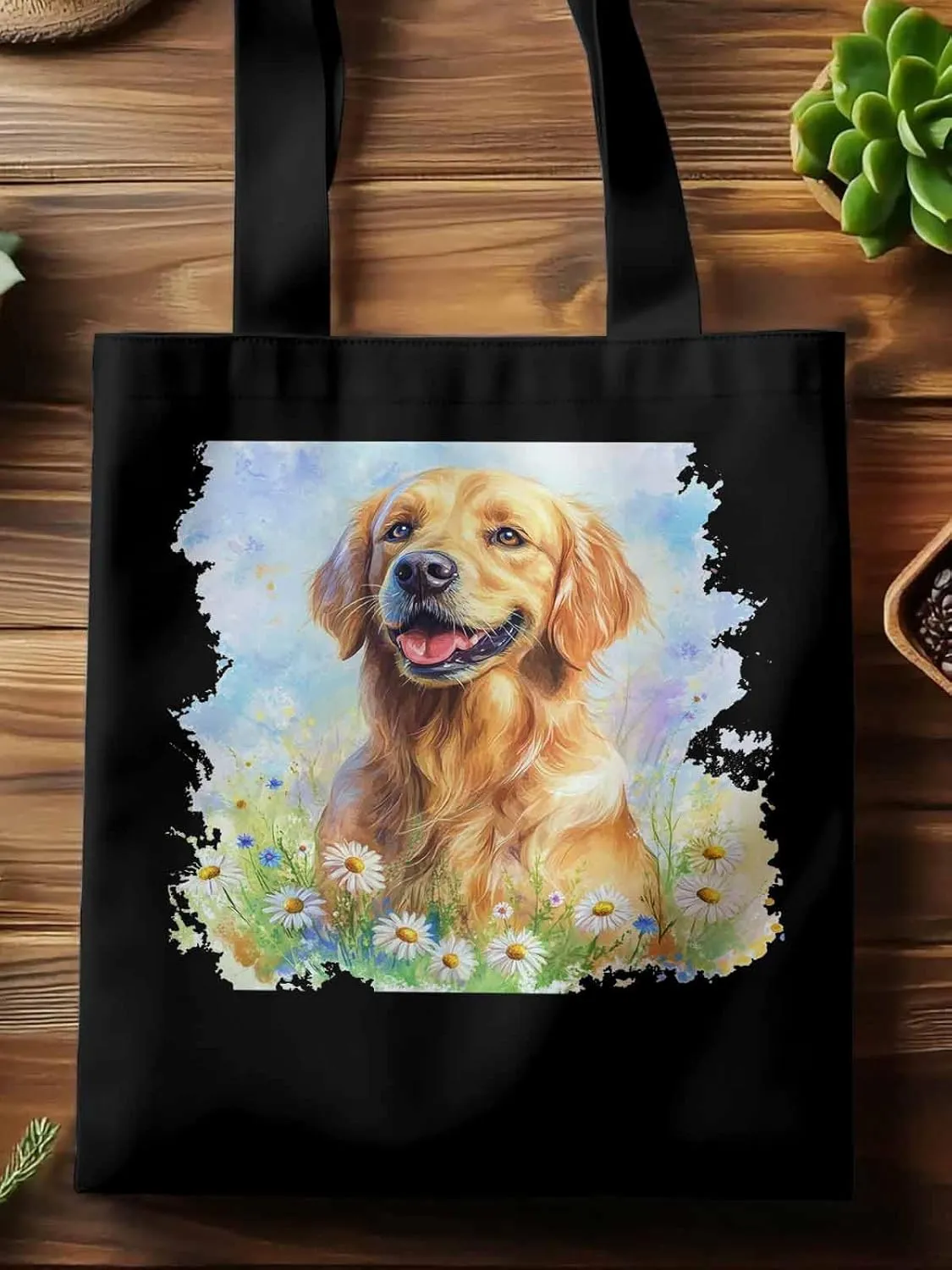Canvas Tote Bag, Golden Retriever Watercolor Daisy Aesthetic Canvas Tote Handbags for Women Shoulder Bag,