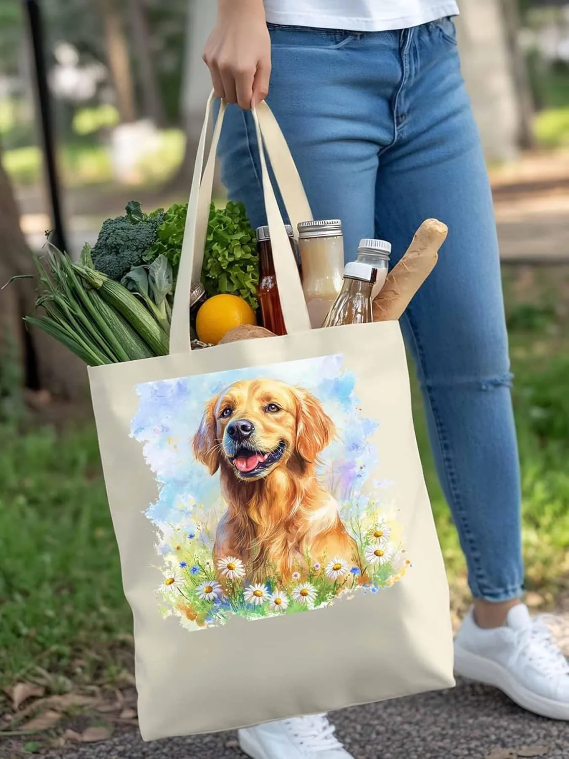 Canvas Tote Bag, Golden Retriever Watercolor Daisy Aesthetic Canvas Tote Handbags for Women Shoulder Bag,