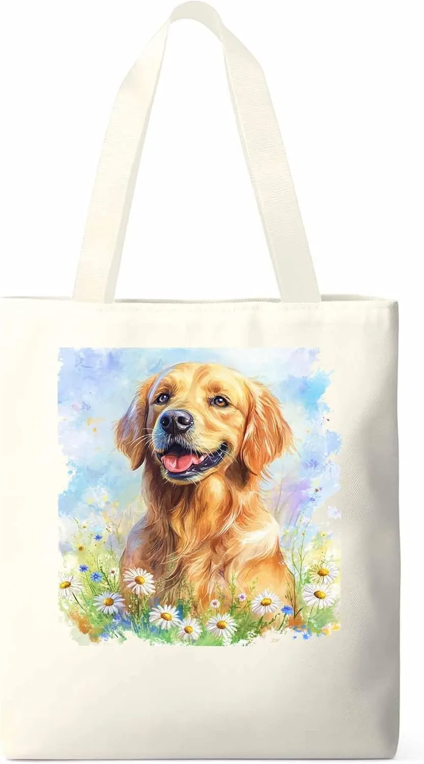 Canvas Tote Bag, Golden Retriever Watercolor Daisy Aesthetic Canvas Tote Handbags for Women Shoulder Bag,