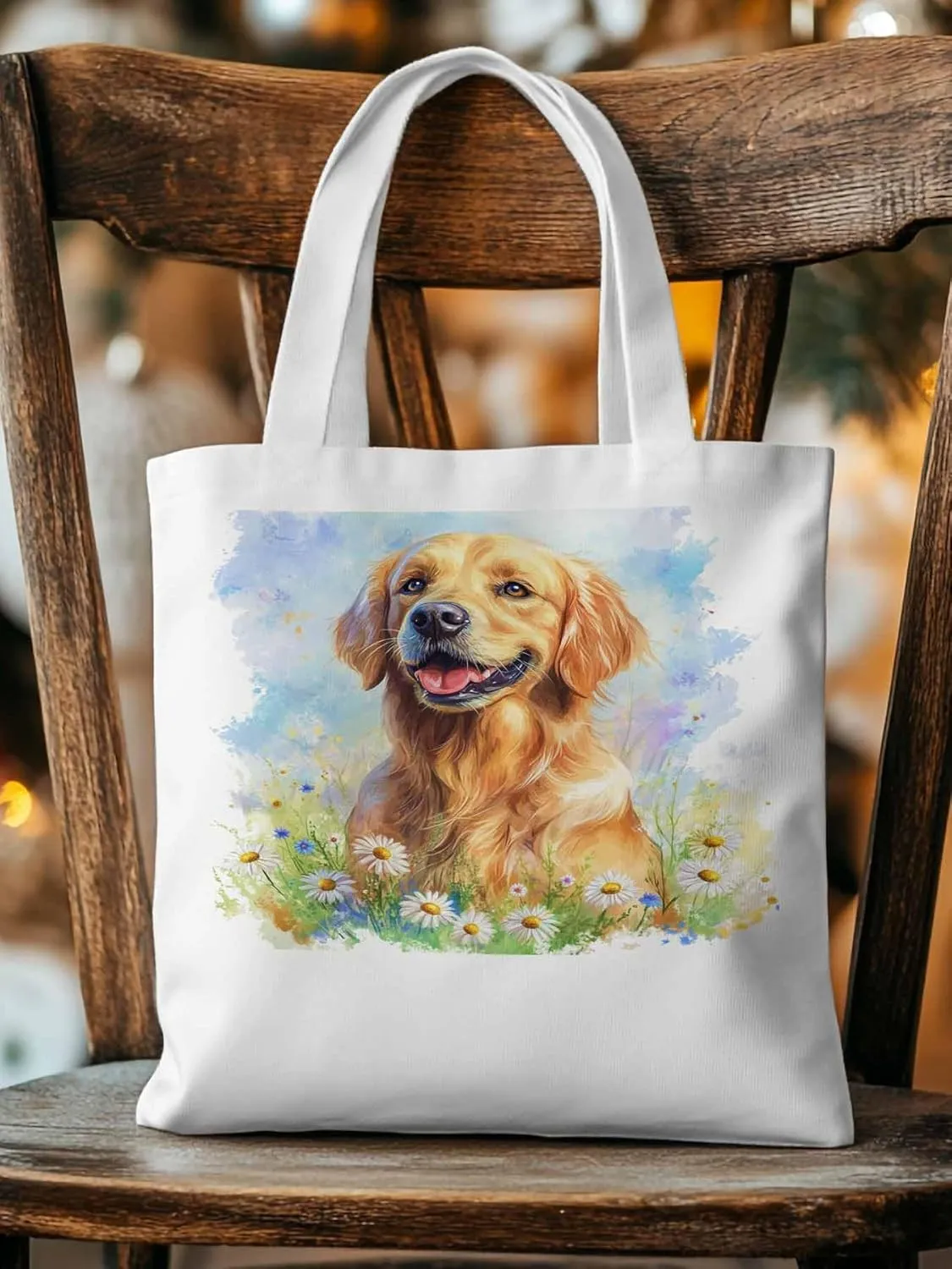 Canvas Tote Bag, Golden Retriever Watercolor Daisy Aesthetic Canvas Tote Handbags for Women Shoulder Bag,