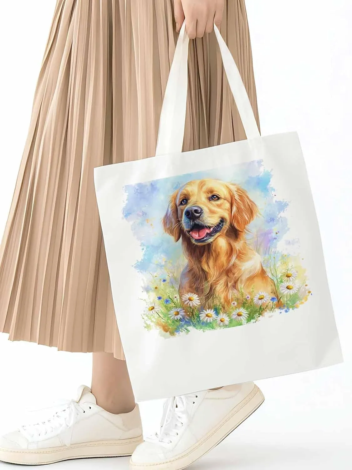 Canvas Tote Bag, Golden Retriever Watercolor Daisy Aesthetic Canvas Tote Handbags for Women Shoulder Bag,