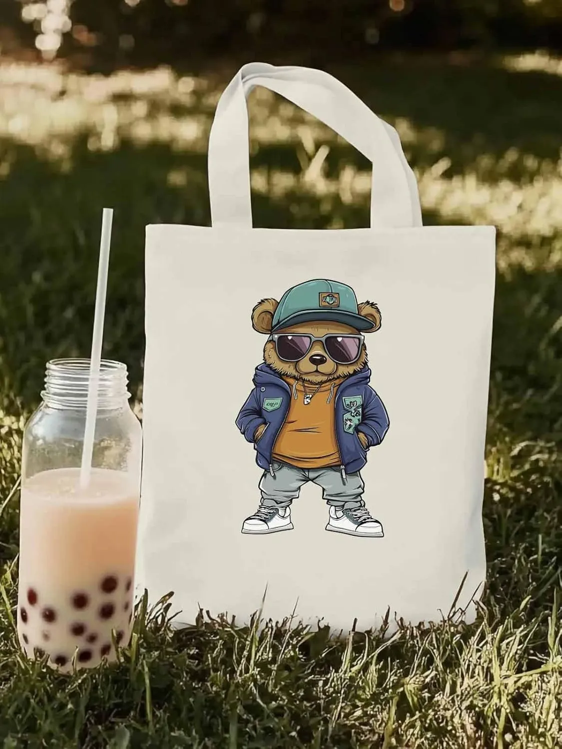Canvas Tote Bag, Hip-hop Style Brown Bears Aesthetic Canvas Tote Handbags for Women Shoulder Bag